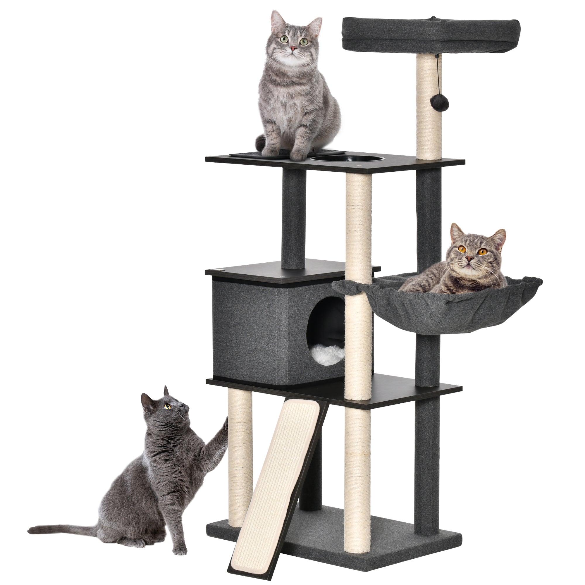 PawHut 58" Cat Tree for Large Cats Adult, Kitty Activity Center with Sisal Scratching Posts, Hammock, Perches Ramp, Hanging Ball, Dark Grey