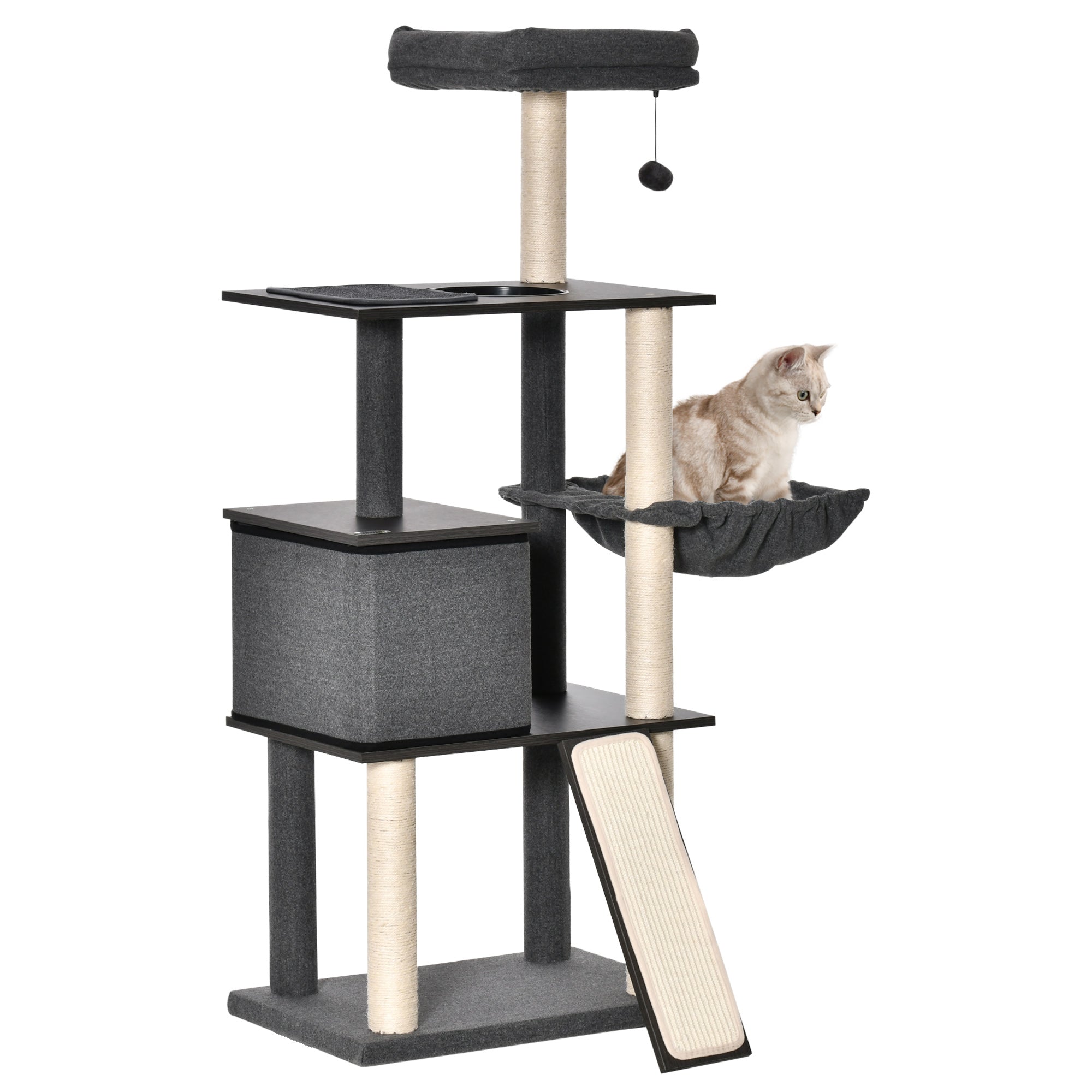 PawHut 58" Cat Tree for Large Cats Adult, Kitty Activity Center with Sisal Scratching Posts, Hammock, Perches Ramp, Hanging Ball, Dark Grey