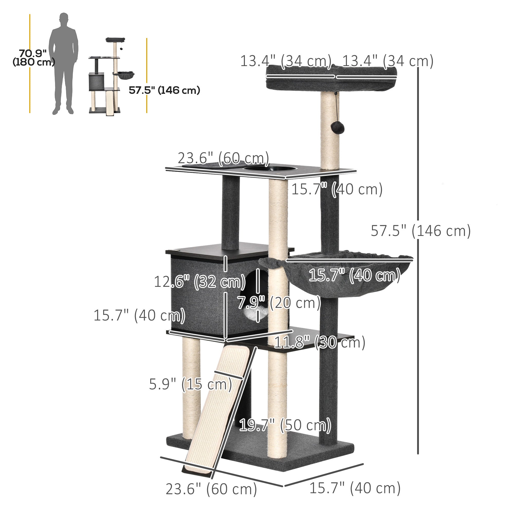 PawHut 58" Cat Tree for Large Cats Adult, Kitty Activity Center with Sisal Scratching Posts, Hammock, Perches Ramp, Hanging Ball, Dark Grey
