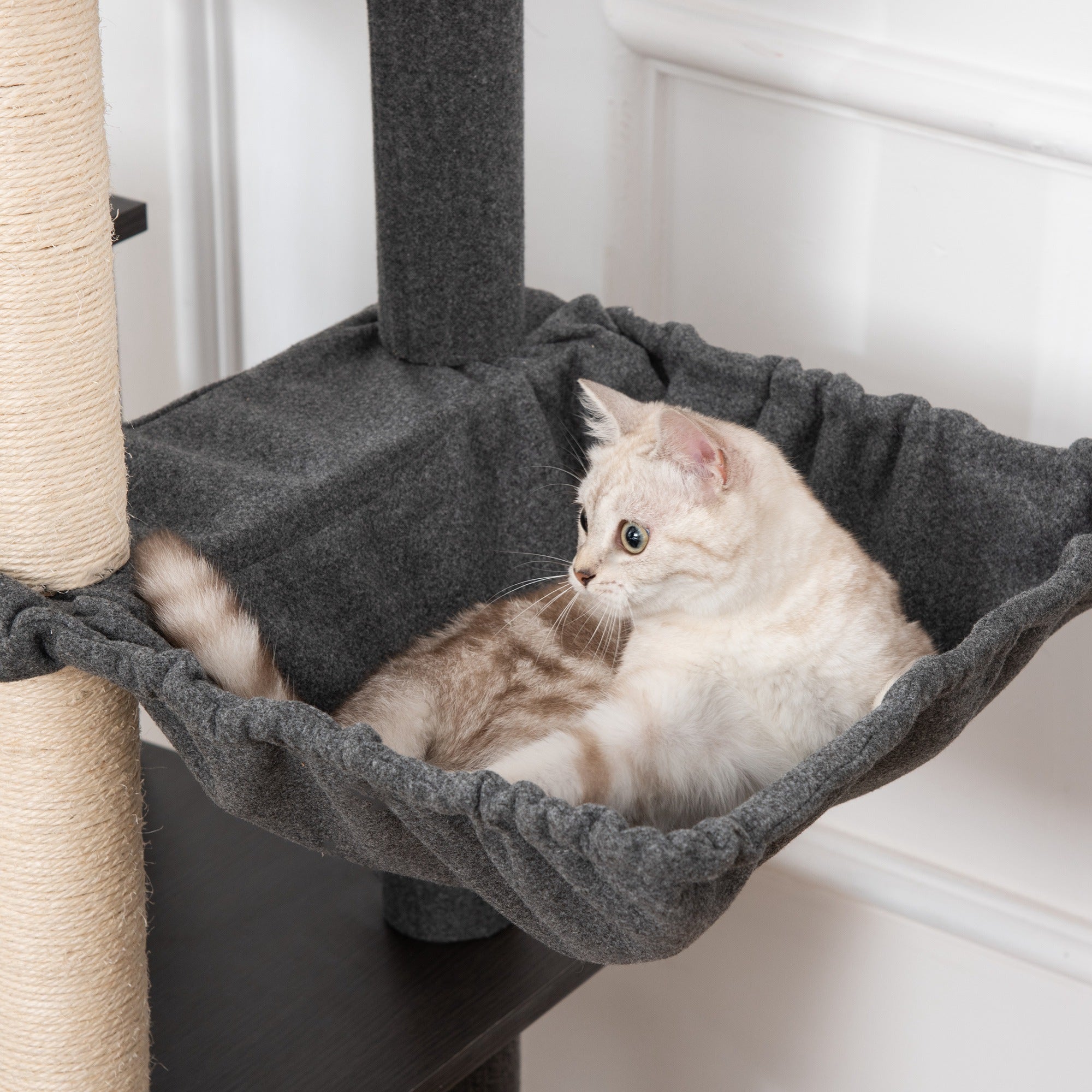 PawHut 58" Cat Tree for Large Cats Adult, Kitty Activity Center with Sisal Scratching Posts, Hammock, Perches Ramp, Hanging Ball, Dark Grey