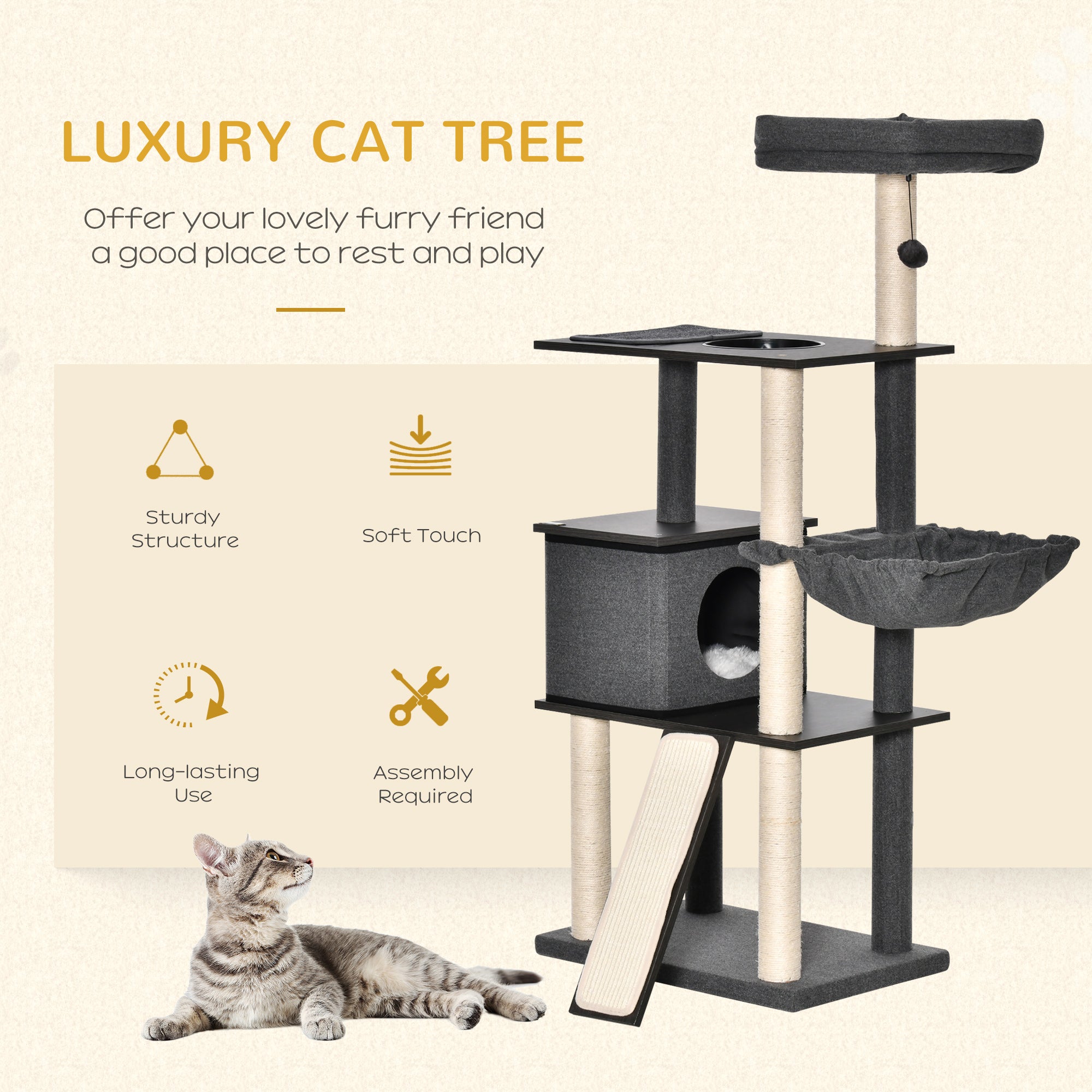 PawHut 58" Cat Tree for Large Cats Adult, Kitty Activity Center with Sisal Scratching Posts, Hammock, Perches Ramp, Hanging Ball, Dark Grey