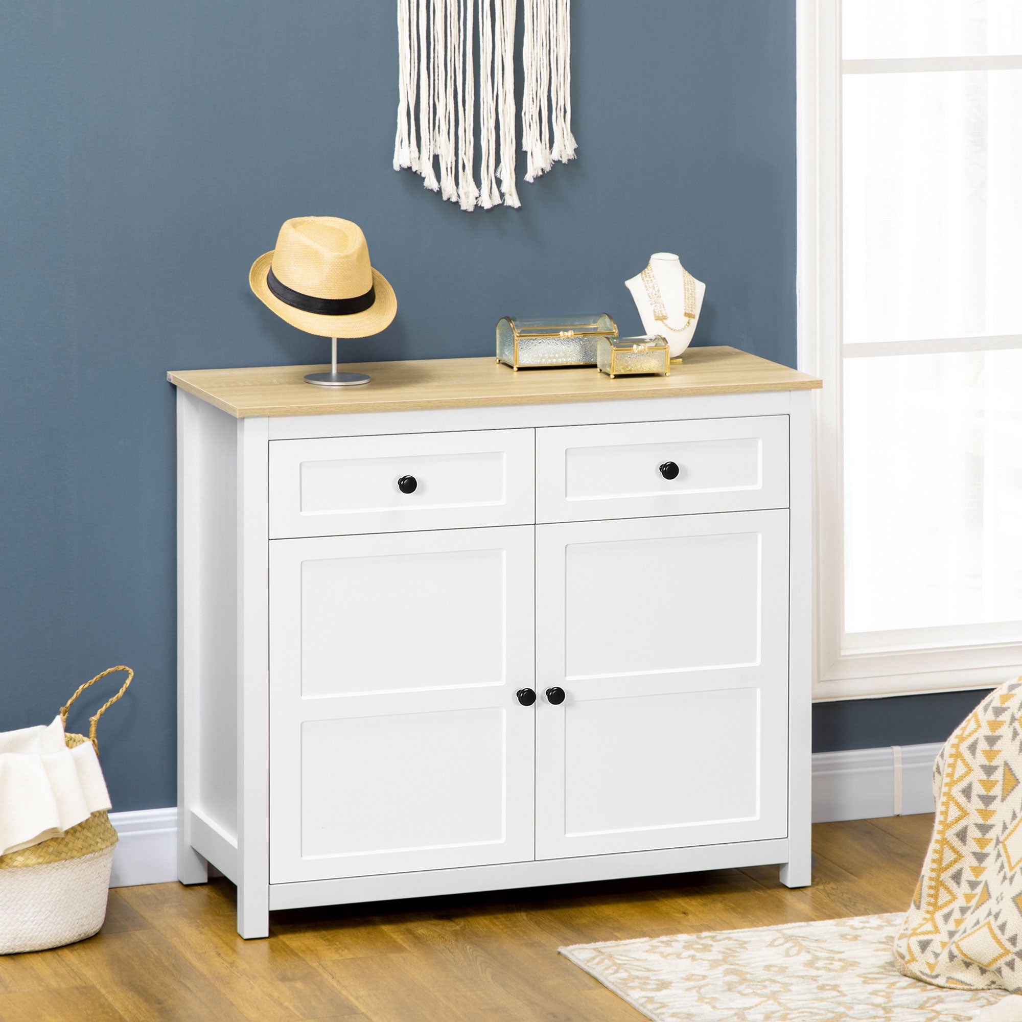 HOMCOM Sideboard, Modern Kitchen Storage Cabinet with Drawers and Adjustable Shelf, White