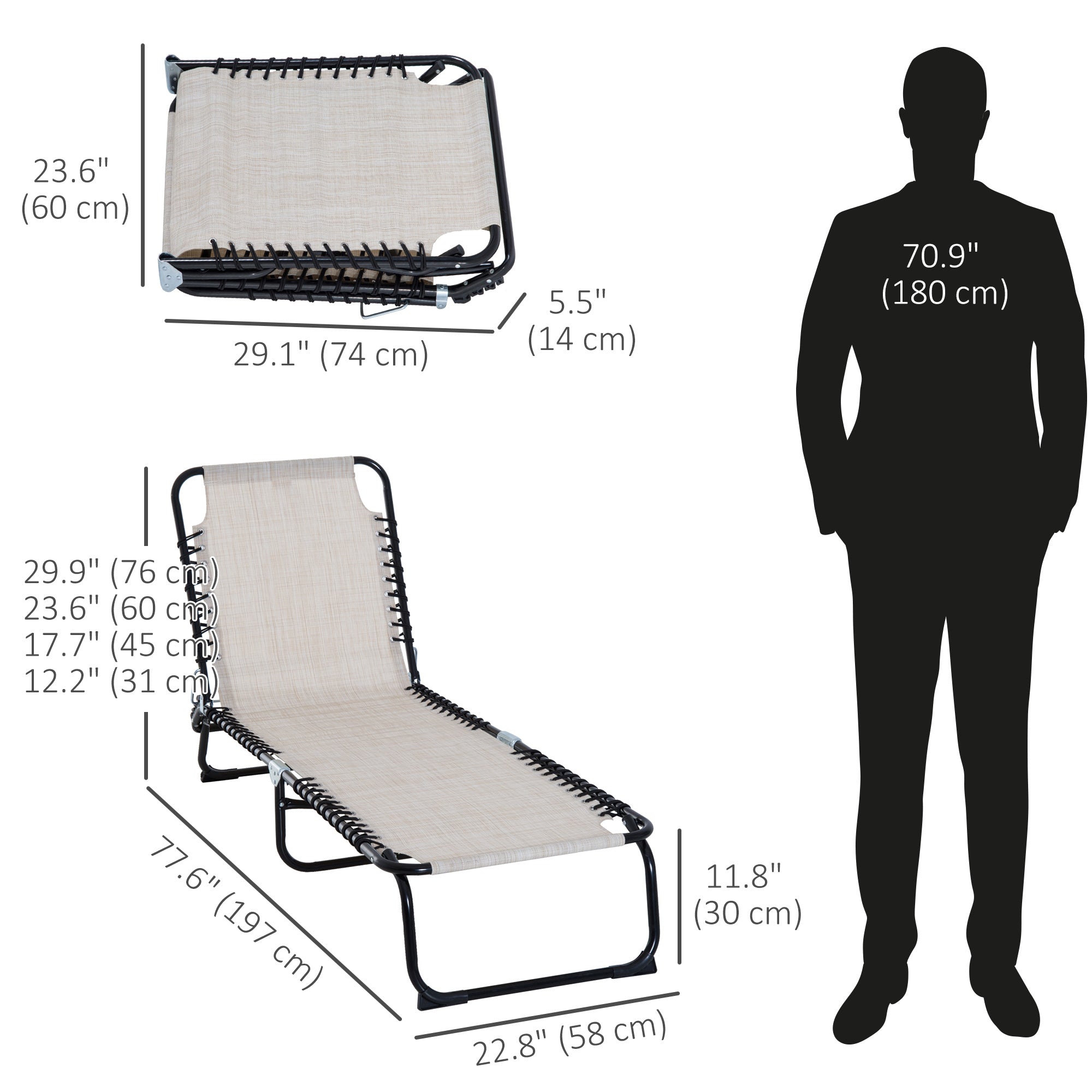 Outsunny Outdoor Folding Lounge Chair, 4-Level Adjustable Chaise Lounge with Headrest, Tanning Chair Beach Bed Reclining Lounger Cot for Camping, Hiking, Backyard, Beige