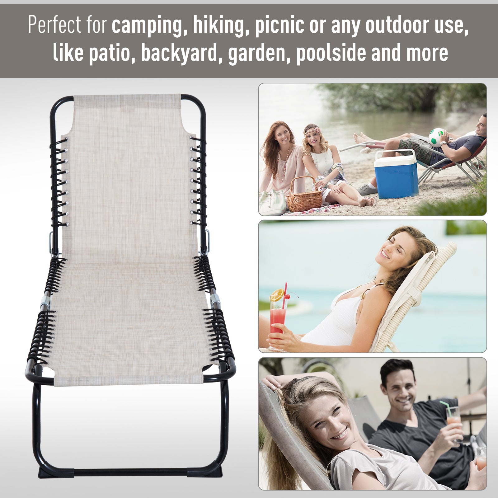 Outsunny Outdoor Folding Lounge Chair, 4-Level Adjustable Chaise Lounge with Headrest, Tanning Chair Beach Bed Reclining Lounger Cot for Camping, Hiking, Backyard, Beige