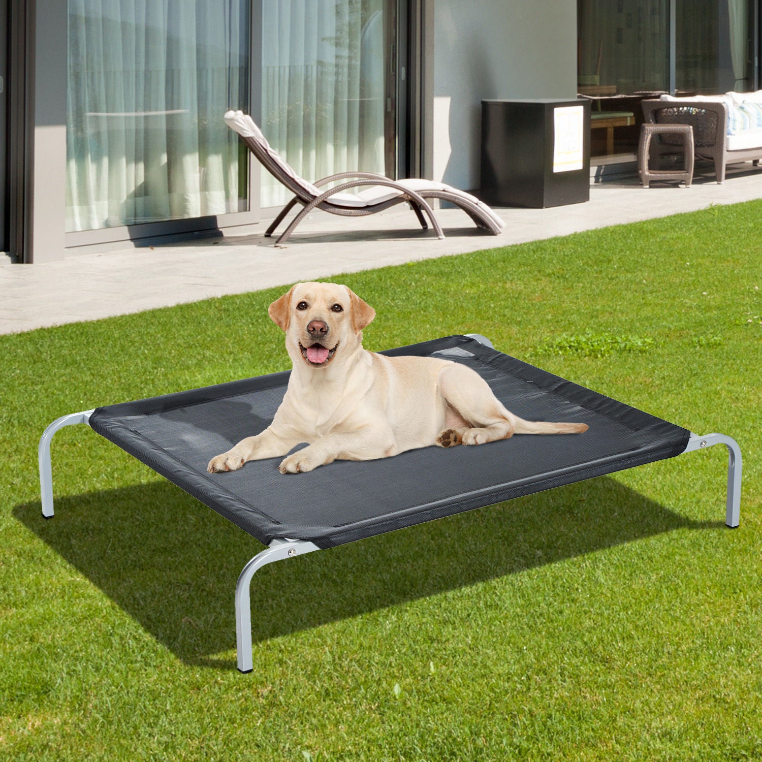 PawHut Raised Dog Bed Cat Elevated Lifted Cooling Portable Camping with Metal Frame Black (Medium)