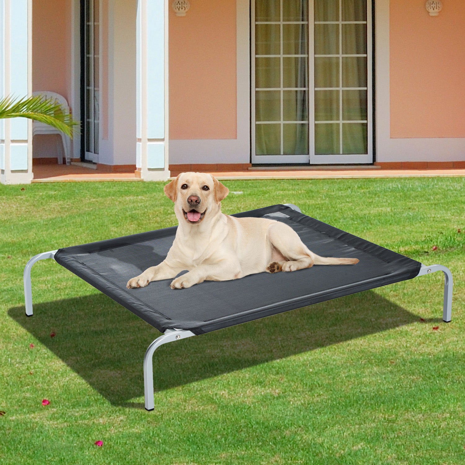 PawHut Raised Dog Bed Cat Elevated Lifted Cooling Portable Camping with Metal Frame Black (Medium)