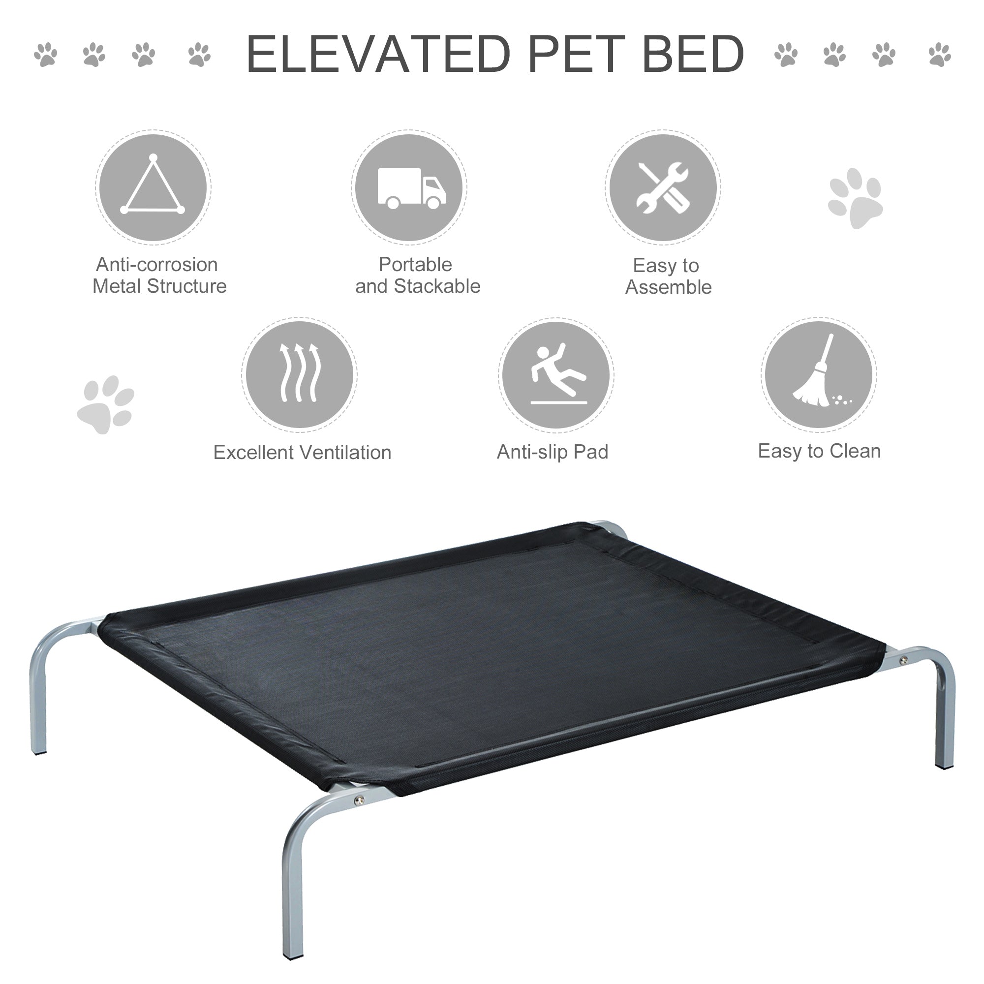 PawHut Raised Dog Bed Cat Elevated Lifted Cooling Portable Camping with Metal Frame Black (Medium)