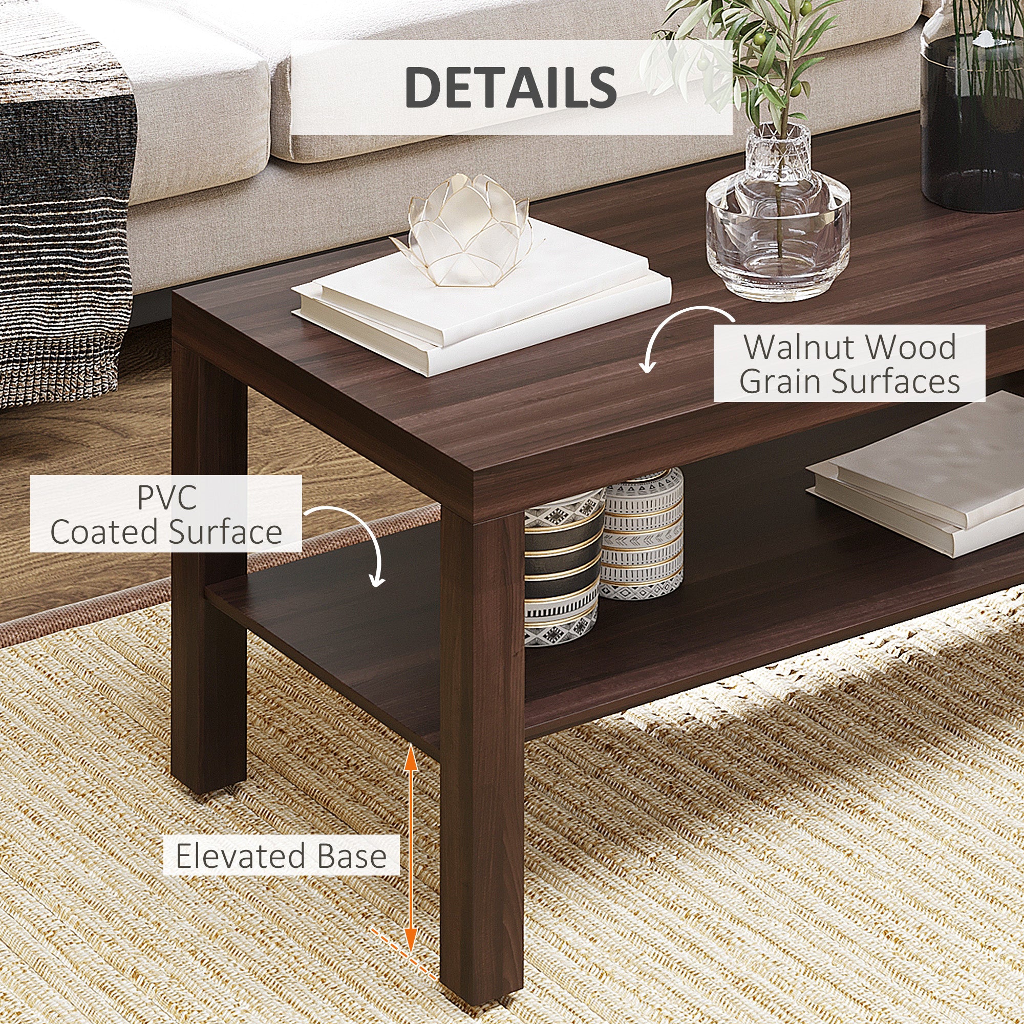 HOMCOM 2 Tier Coffee Table with Storage Shelf, Rectangular Center Table for Living Room, Home Office Furniture Walnut