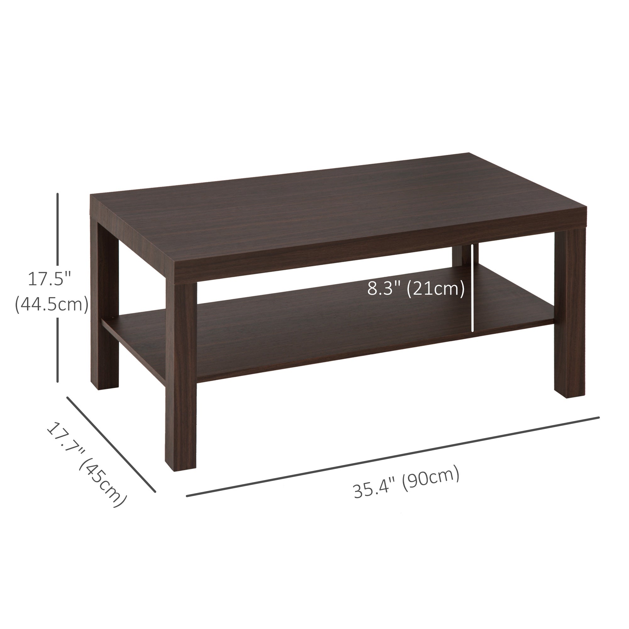HOMCOM 2 Tier Coffee Table with Storage Shelf, Rectangular Center Table for Living Room, Home Office Furniture Walnut