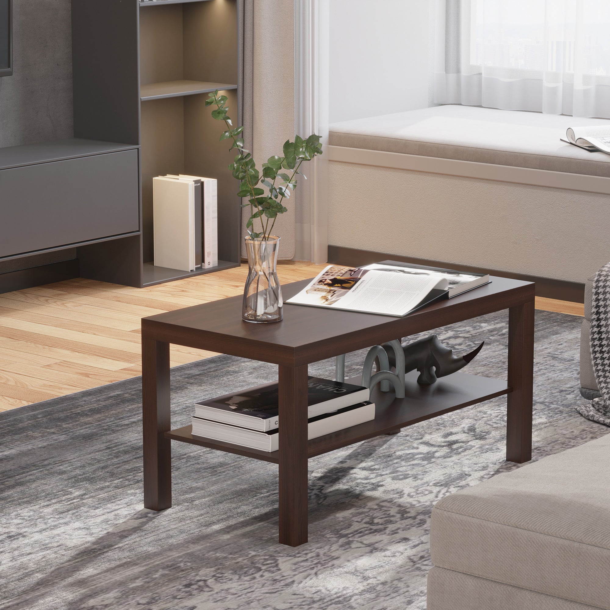 HOMCOM 2 Tier Coffee Table with Storage Shelf, Rectangular Center Table for Living Room, Home Office Furniture Walnut