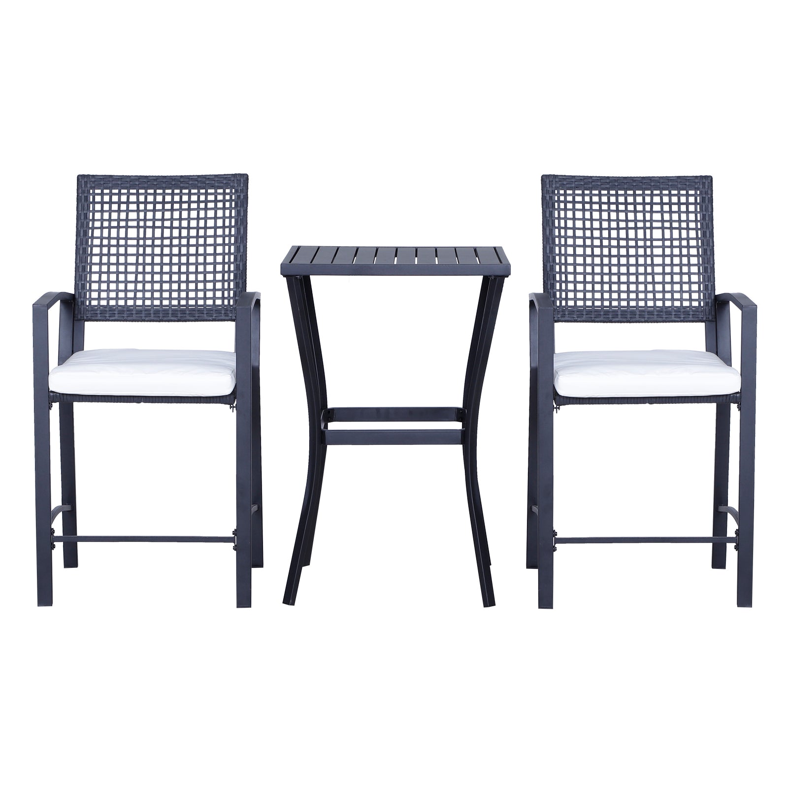 Outsunny 3 Pieces Outdoor Wicker Bar Set, Classic Bistro Bar Set Garden Rattan Style Patio Bar Table & High Chairs w/ Cushions Home Bar Furniture, Cream White