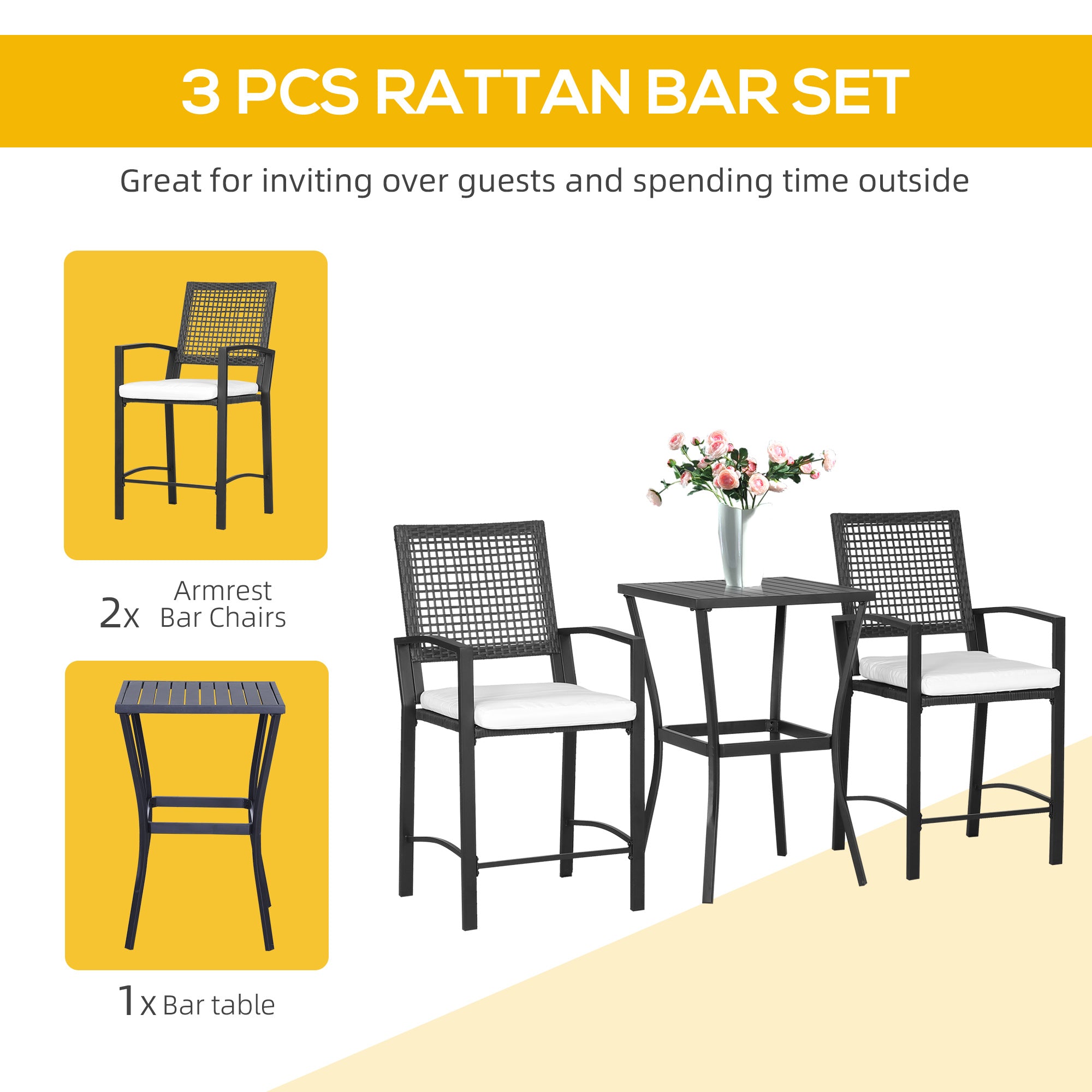 Outsunny 3 Pieces Outdoor Wicker Bar Set, Classic Bistro Bar Set Garden Rattan Style Patio Bar Table & High Chairs w/ Cushions Home Bar Furniture, Cream White