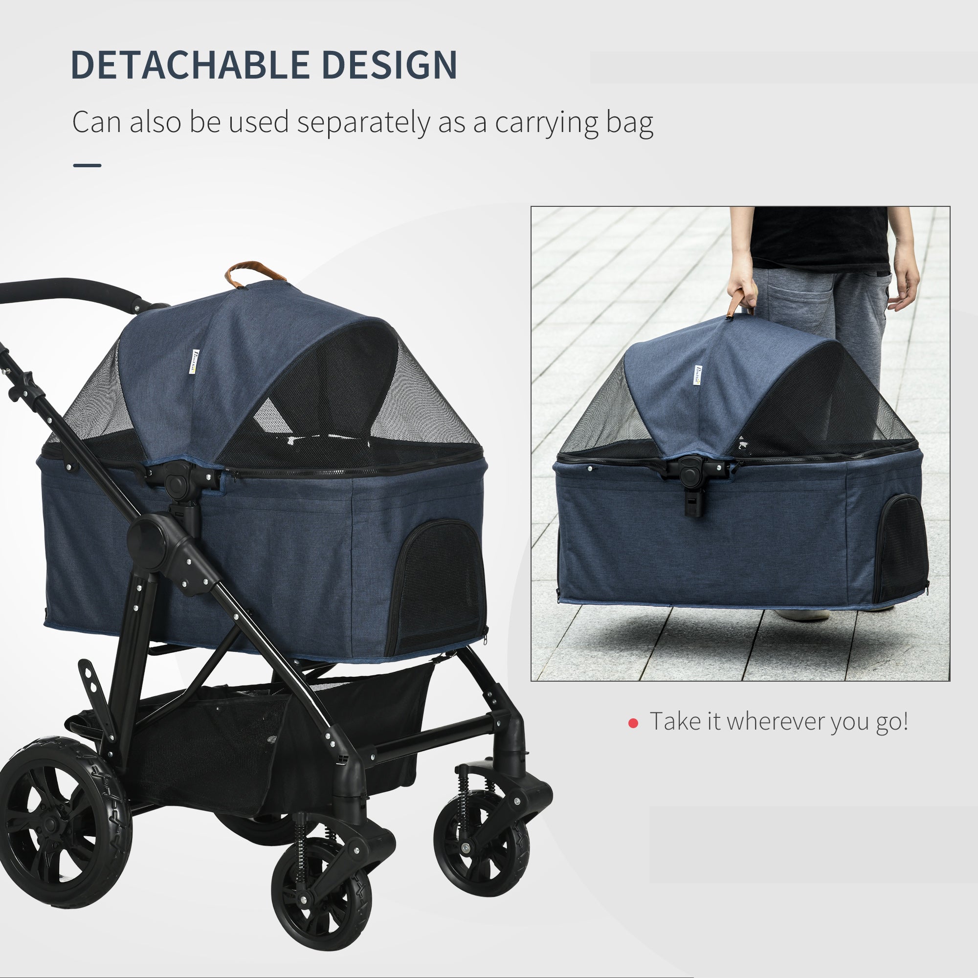 PawHut 4 Wheels Dog Stroller, Cat Stroller 2 in 1 Pet Carrier Bag with Adjustable Canopy, Safety Leashes, Storage Basket, Pet Stroller for Small Dogs, Blue