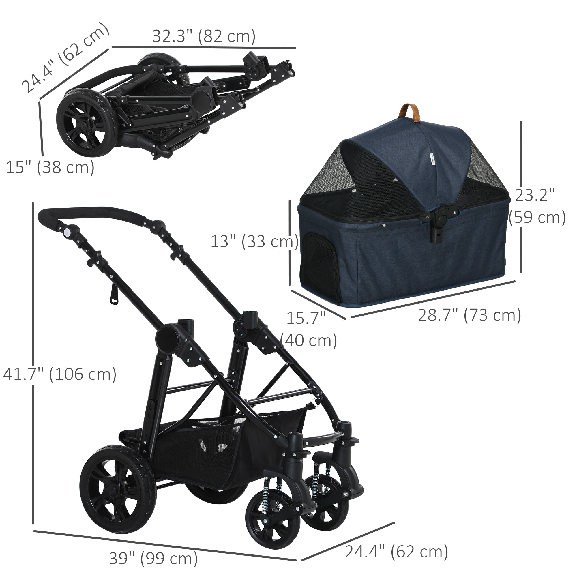 PawHut 4 Wheels Dog Stroller, Cat Stroller 2 in 1 Pet Carrier Bag with Adjustable Canopy, Safety Leashes, Storage Basket, Pet Stroller for Small Dogs, Blue