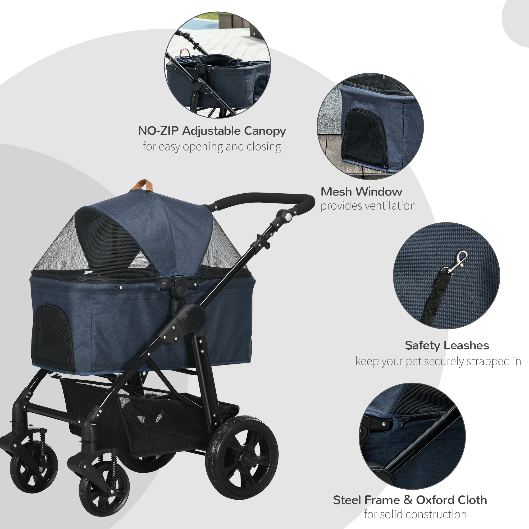 PawHut 4 Wheels Dog Stroller, Cat Stroller 2 in 1 Pet Carrier Bag with Adjustable Canopy, Safety Leashes, Storage Basket, Pet Stroller for Small Dogs, Blue