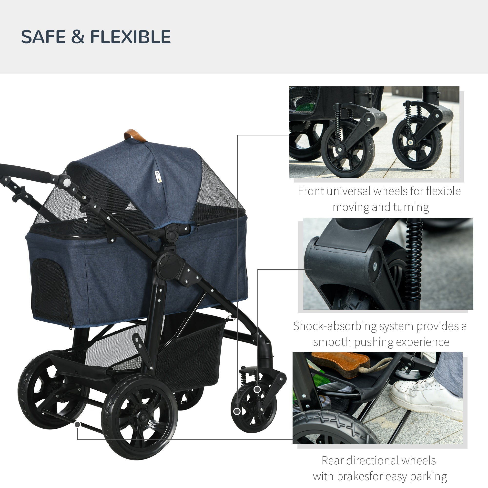 PawHut 4 Wheels Dog Stroller, Cat Stroller 2 in 1 Pet Carrier Bag with Adjustable Canopy, Safety Leashes, Storage Basket, Pet Stroller for Small Dogs, Blue