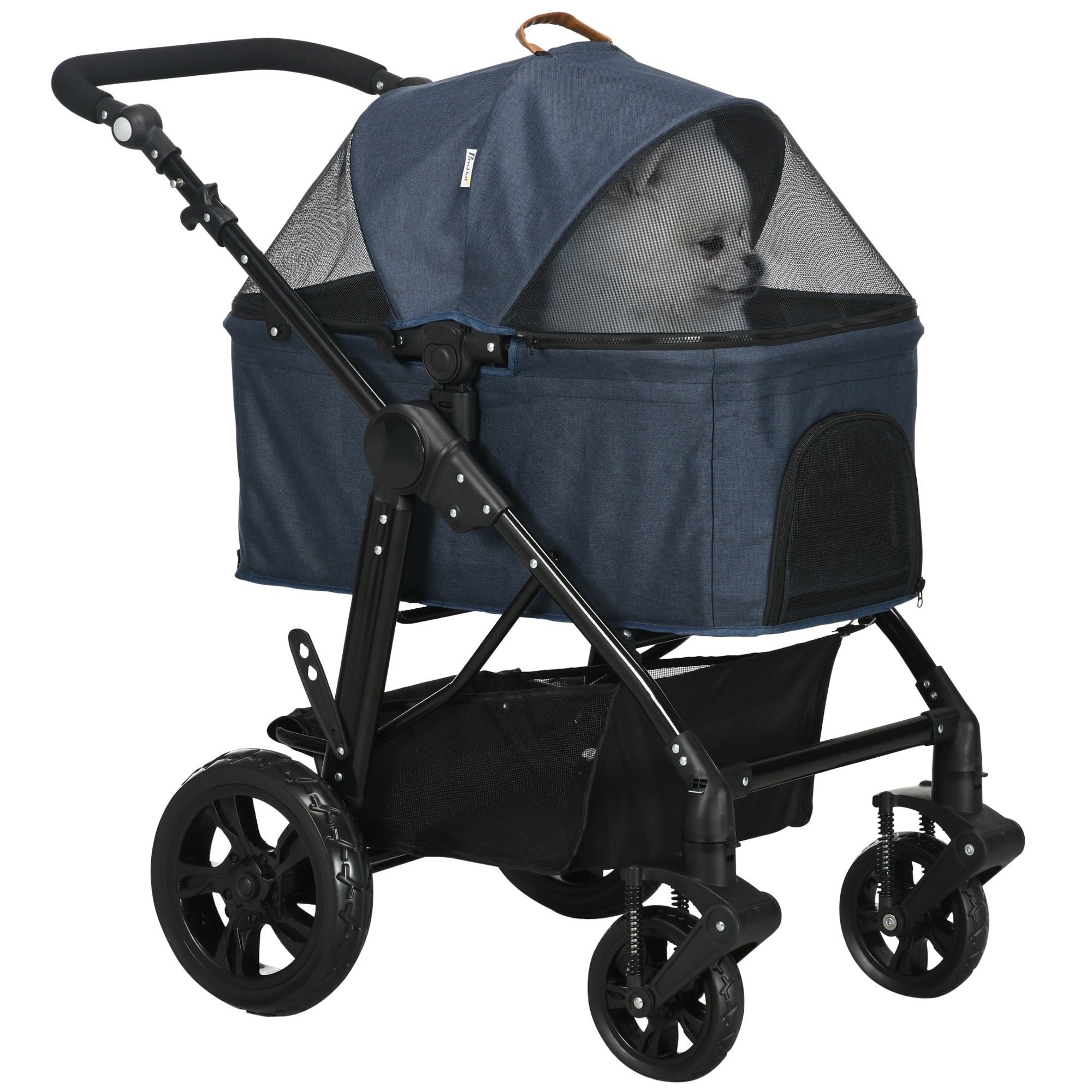 PawHut 4 Wheels Dog Stroller, Cat Stroller 2 in 1 Pet Carrier Bag with Adjustable Canopy, Safety Leashes, Storage Basket, Pet Stroller for Small Dogs, Blue
