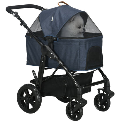 PawHut 4 Wheels Dog Stroller, Cat Stroller 2 in 1 Pet Carrier Bag with Adjustable Canopy, Safety Leashes, Storage Basket, Pet Stroller for Small Dogs, Blue