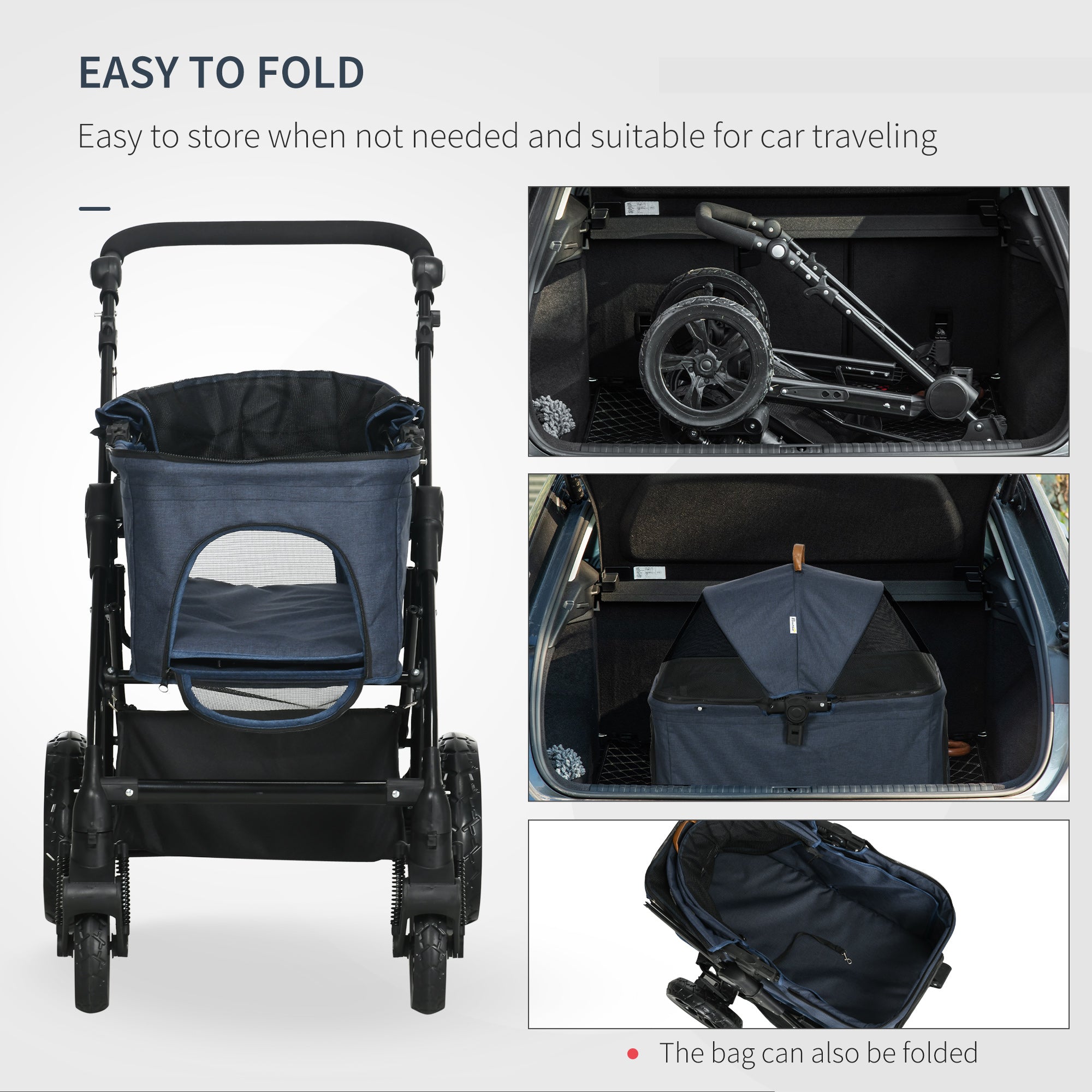 PawHut 4 Wheels Dog Stroller, Cat Stroller 2 in 1 Pet Carrier Bag with Adjustable Canopy, Safety Leashes, Storage Basket, Pet Stroller for Small Dogs, Blue