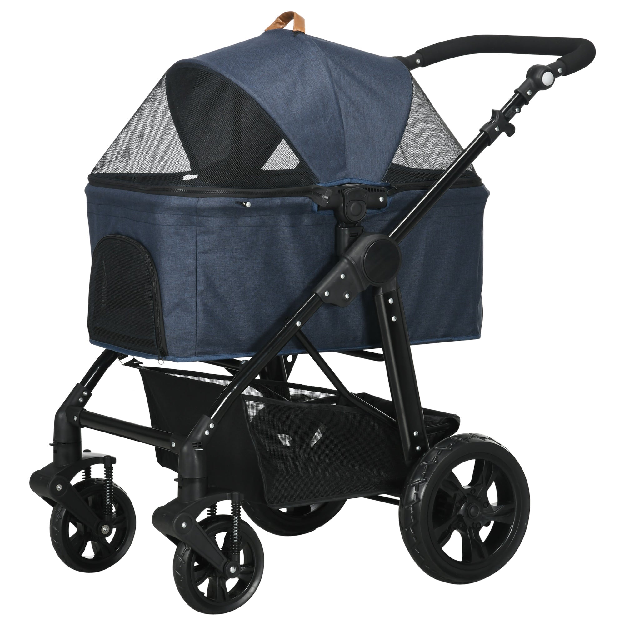 PawHut 4 Wheels Dog Stroller, Cat Stroller 2 in 1 Pet Carrier Bag with Adjustable Canopy, Safety Leashes, Storage Basket, Pet Stroller for Small Dogs, Blue