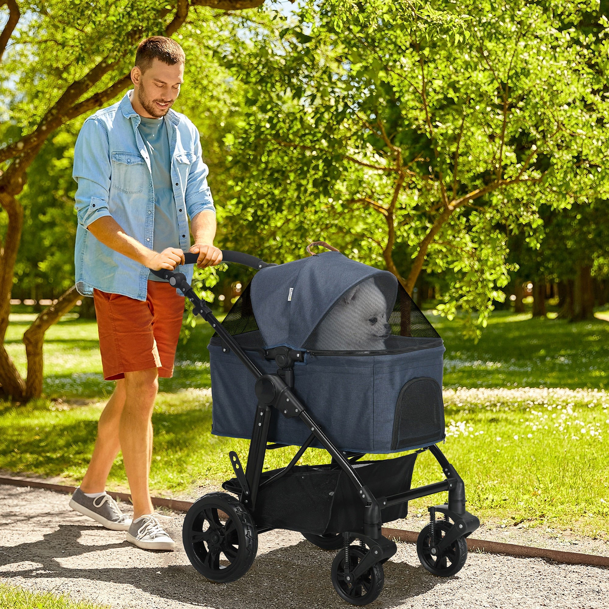 PawHut 4 Wheels Dog Stroller, Cat Stroller 2 in 1 Pet Carrier Bag with Adjustable Canopy, Safety Leashes, Storage Basket, Pet Stroller for Small Dogs, Blue