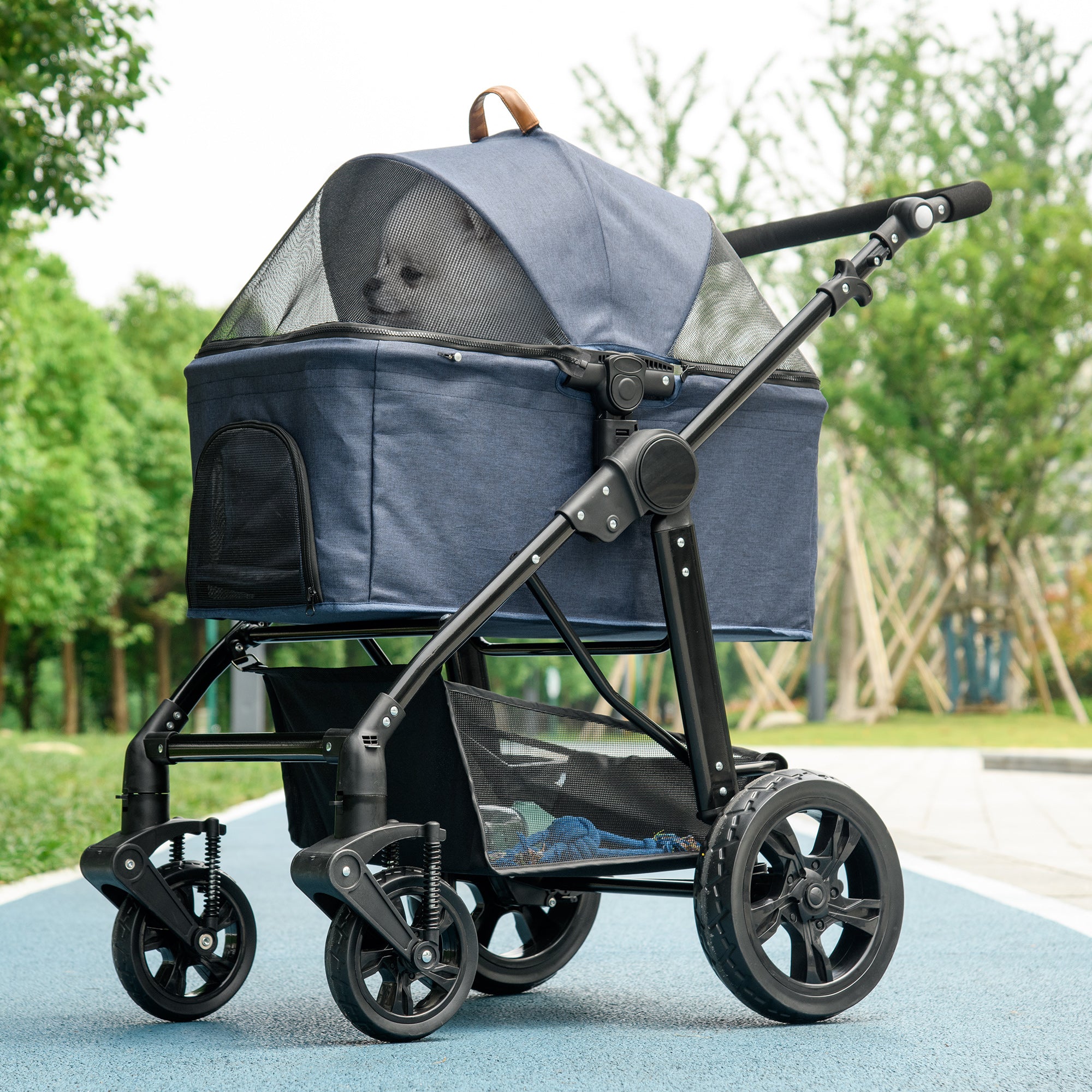 PawHut 4 Wheels Dog Stroller, Cat Stroller 2 in 1 Pet Carrier Bag with Adjustable Canopy, Safety Leashes, Storage Basket, Pet Stroller for Small Dogs, Blue