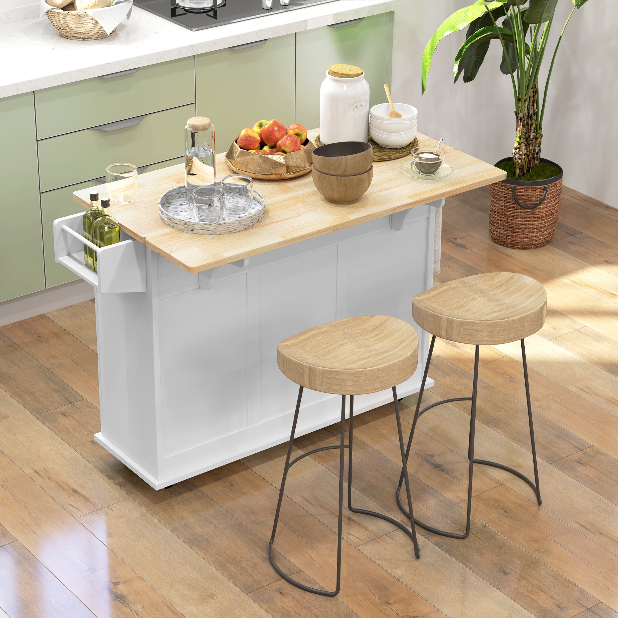 HOMCOM Kitchen Island with Drop Leaf, Rolling Kitchen Cart on Wheels with 3 Drawers, Cabinet, Natural Wood Top, Spice Rack and Towel Rack, White