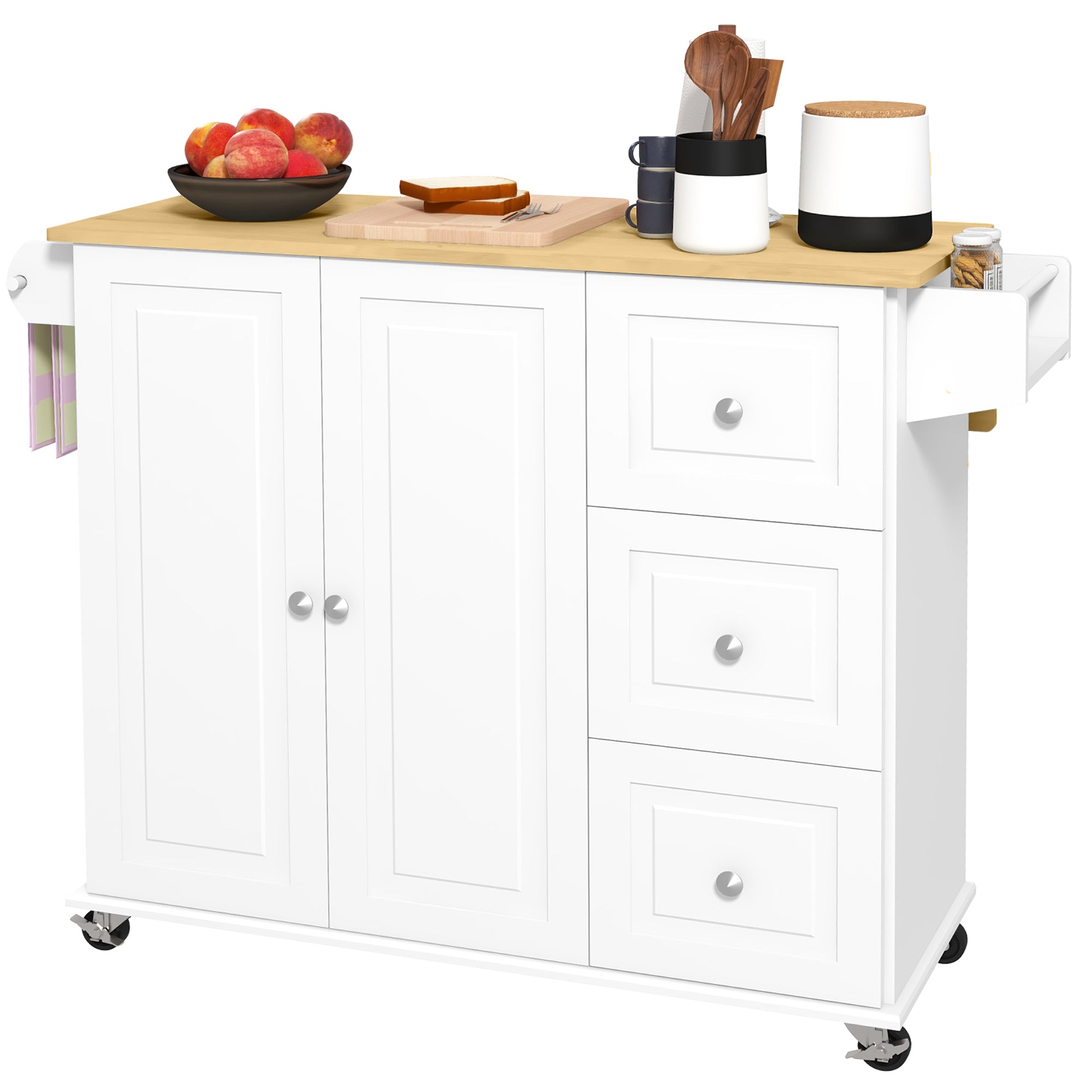 HOMCOM Kitchen Island with Drop Leaf, Rolling Kitchen Cart on Wheels with 3 Drawers, Cabinet, Natural Wood Top, Spice Rack and Towel Rack, White