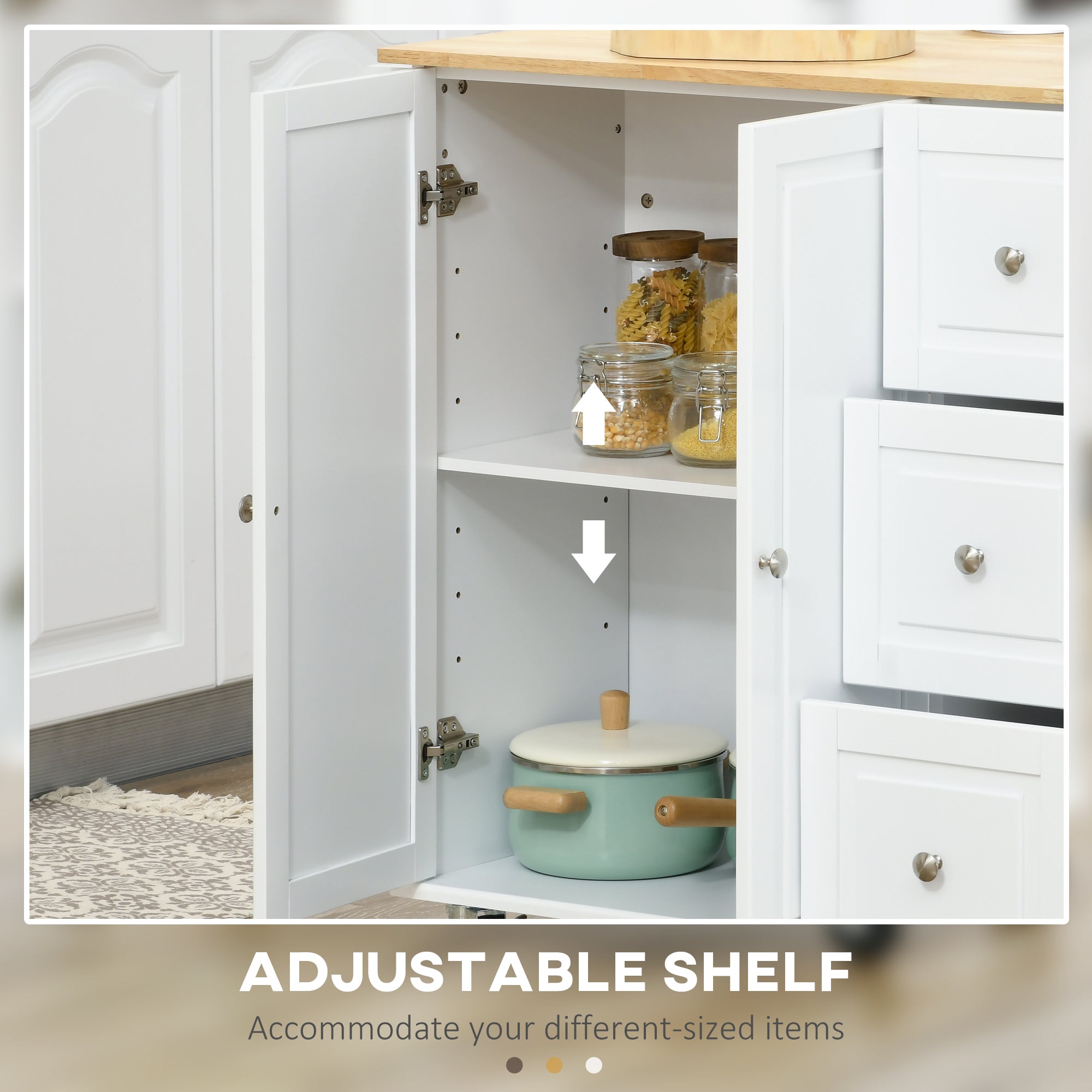 HOMCOM Kitchen Island with Drop Leaf, Rolling Kitchen Cart on Wheels with 3 Drawers, Cabinet, Natural Wood Top, Spice Rack and Towel Rack, White