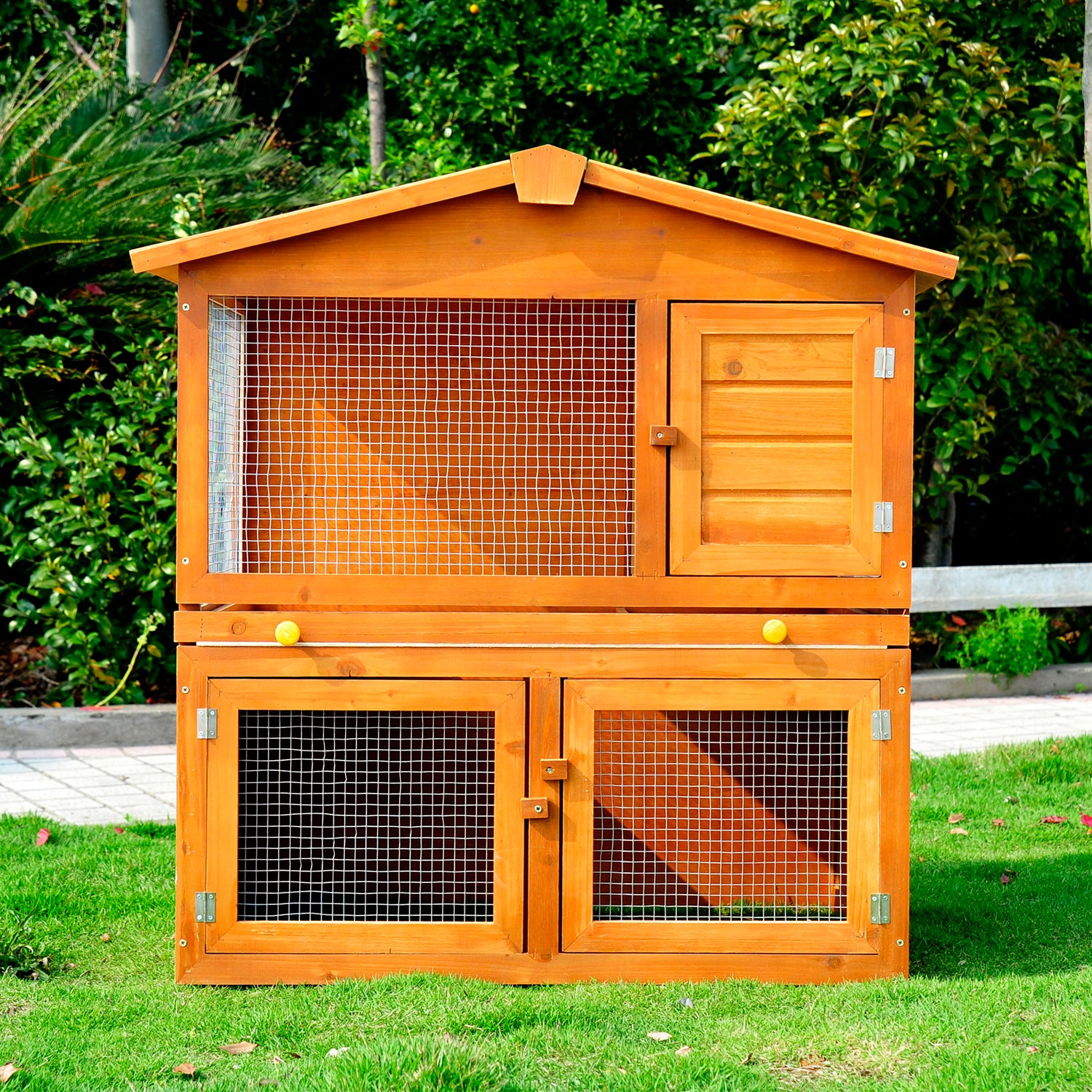 PawHut Rabbit Hutch Outdoor, Wooden Guinea Pig Hutch, Bunny House 2 Floors Pet  Cage, with Rabbit Run Ramp Sliding Tray 94 x 97 x 61 cm
