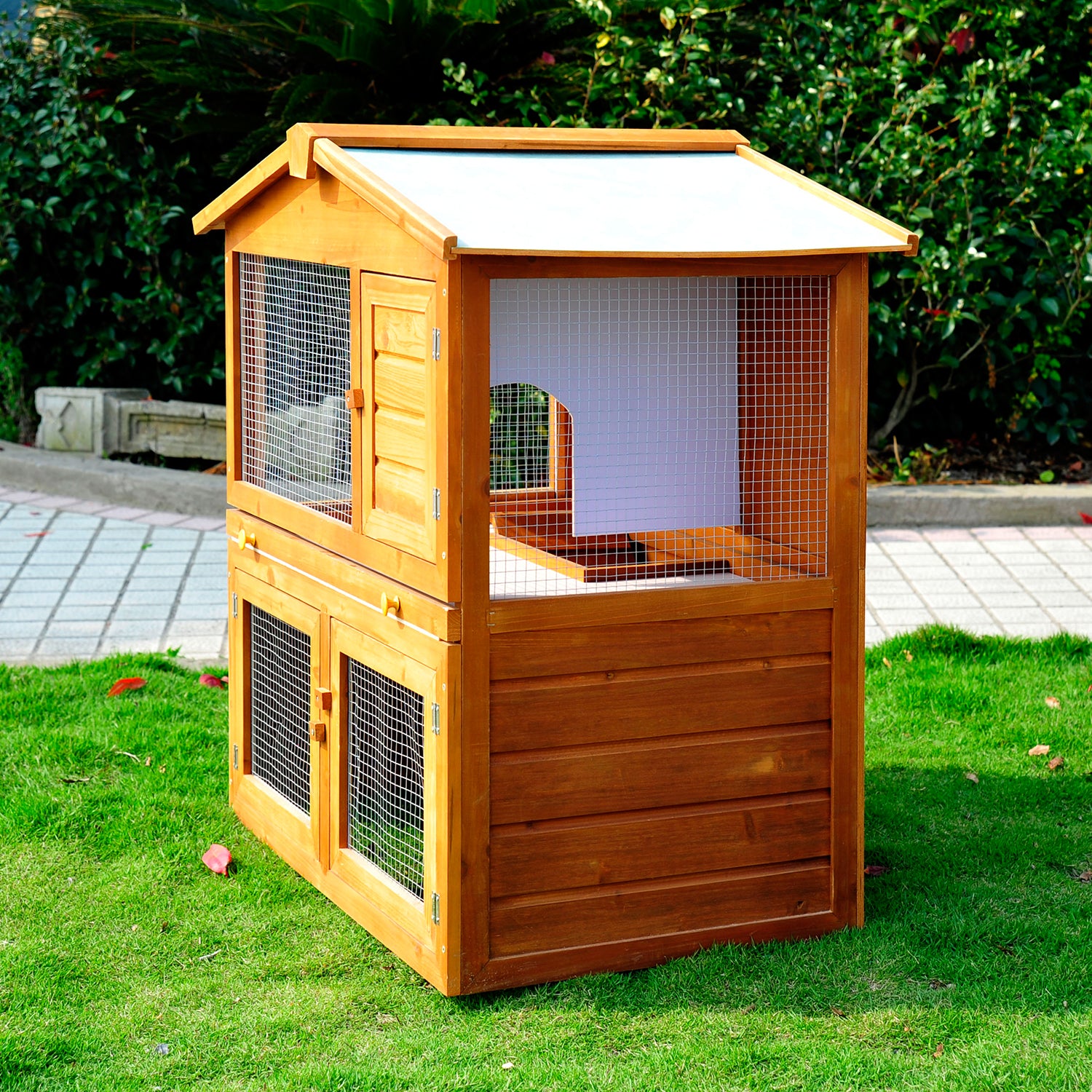 PawHut Rabbit Hutch Outdoor, Wooden Guinea Pig Hutch, Bunny House 2 Floors Pet  Cage, with Rabbit Run Ramp Sliding Tray 94 x 97 x 61 cm