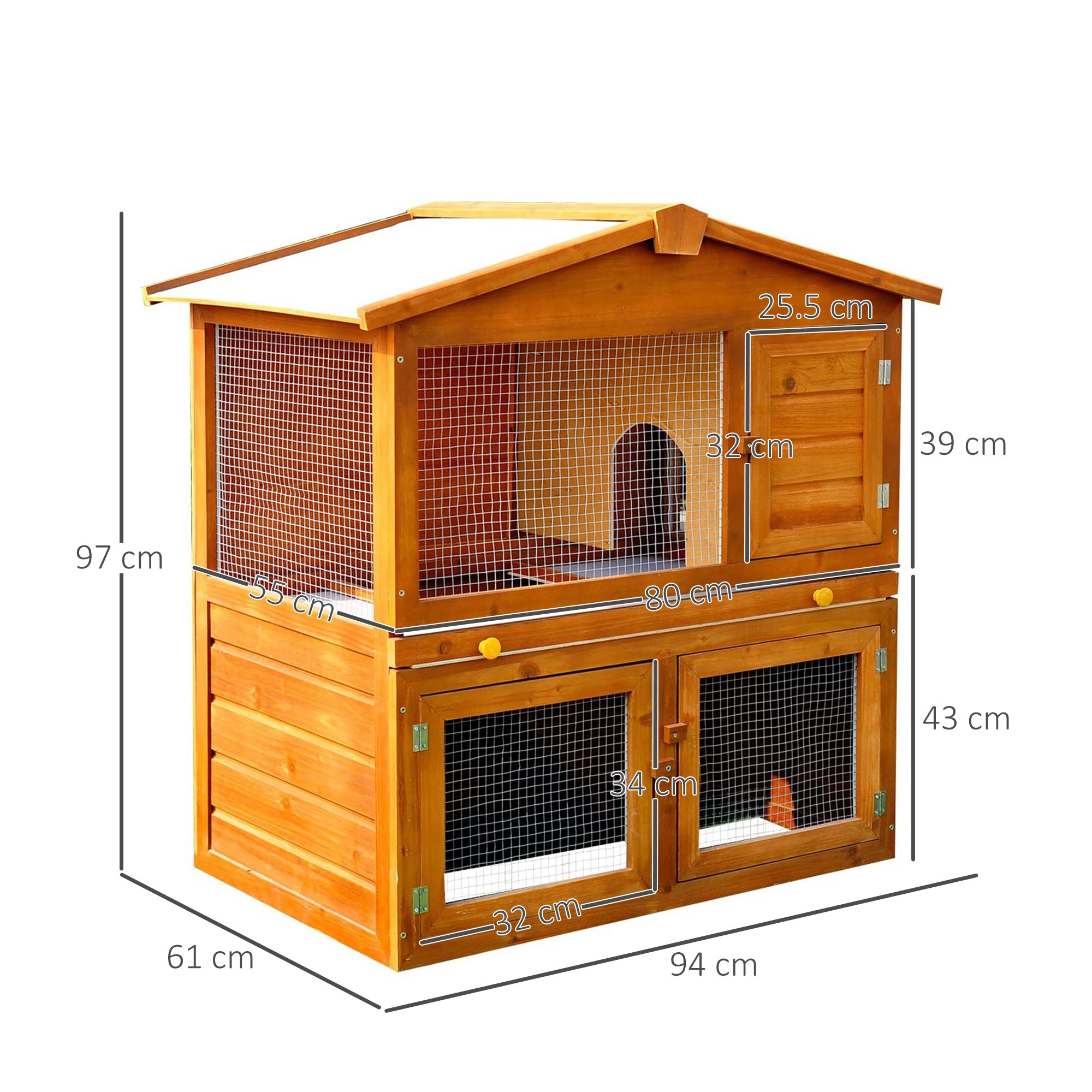 PawHut Rabbit Hutch Outdoor, Wooden Guinea Pig Hutch, Bunny House 2 Floors Pet  Cage, with Rabbit Run Ramp Sliding Tray 94 x 97 x 61 cm