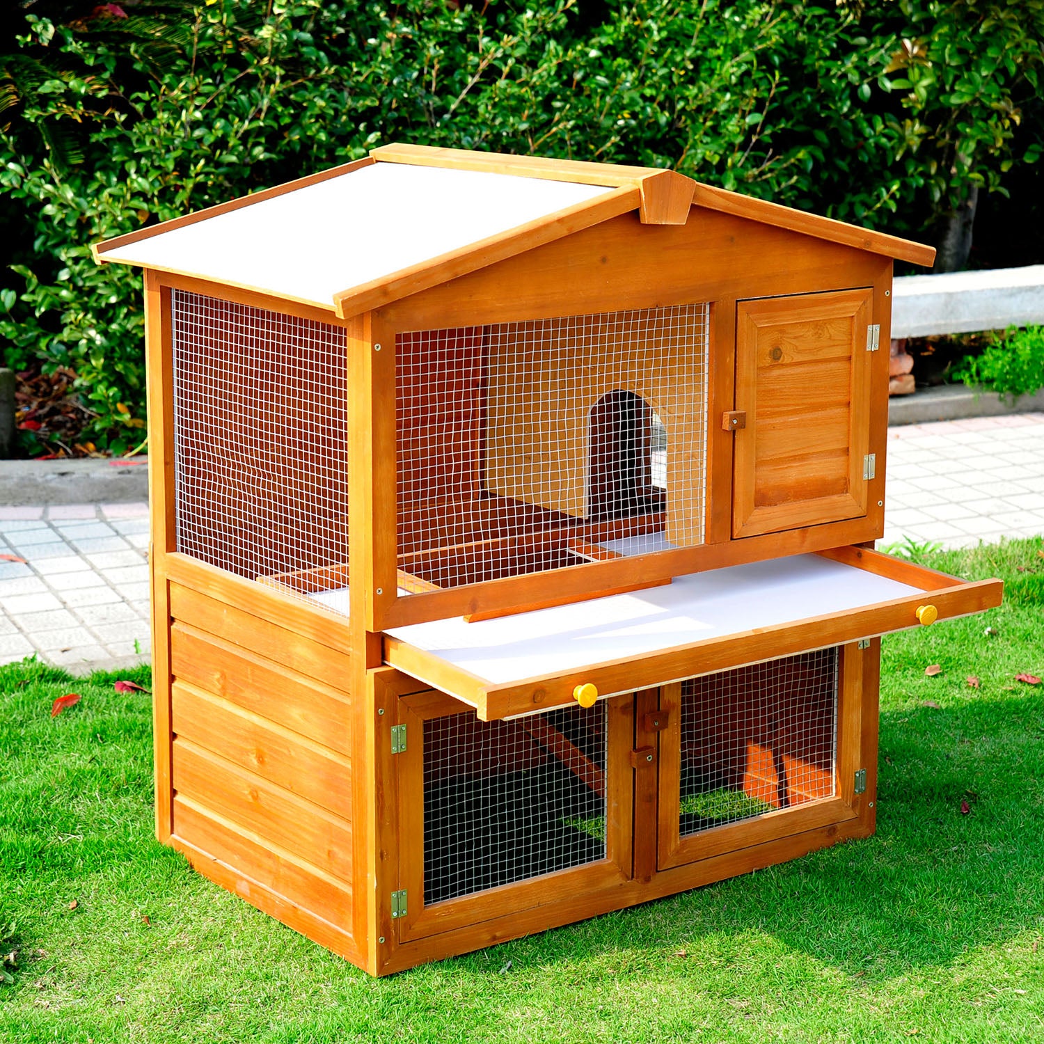 PawHut Rabbit Hutch Outdoor, Wooden Guinea Pig Hutch, Bunny House 2 Floors Pet  Cage, with Rabbit Run Ramp Sliding Tray 94 x 97 x 61 cm