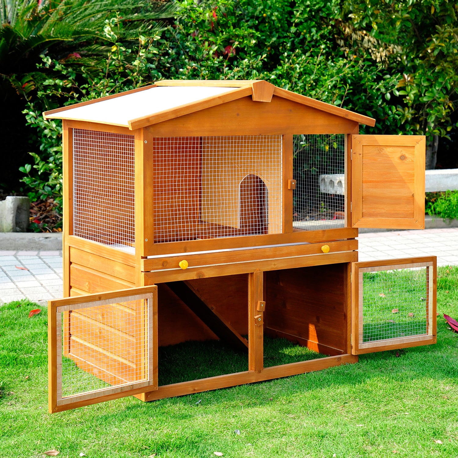 PawHut Rabbit Hutch Outdoor, Wooden Guinea Pig Hutch, Bunny House 2 Floors Pet  Cage, with Rabbit Run Ramp Sliding Tray 94 x 97 x 61 cm