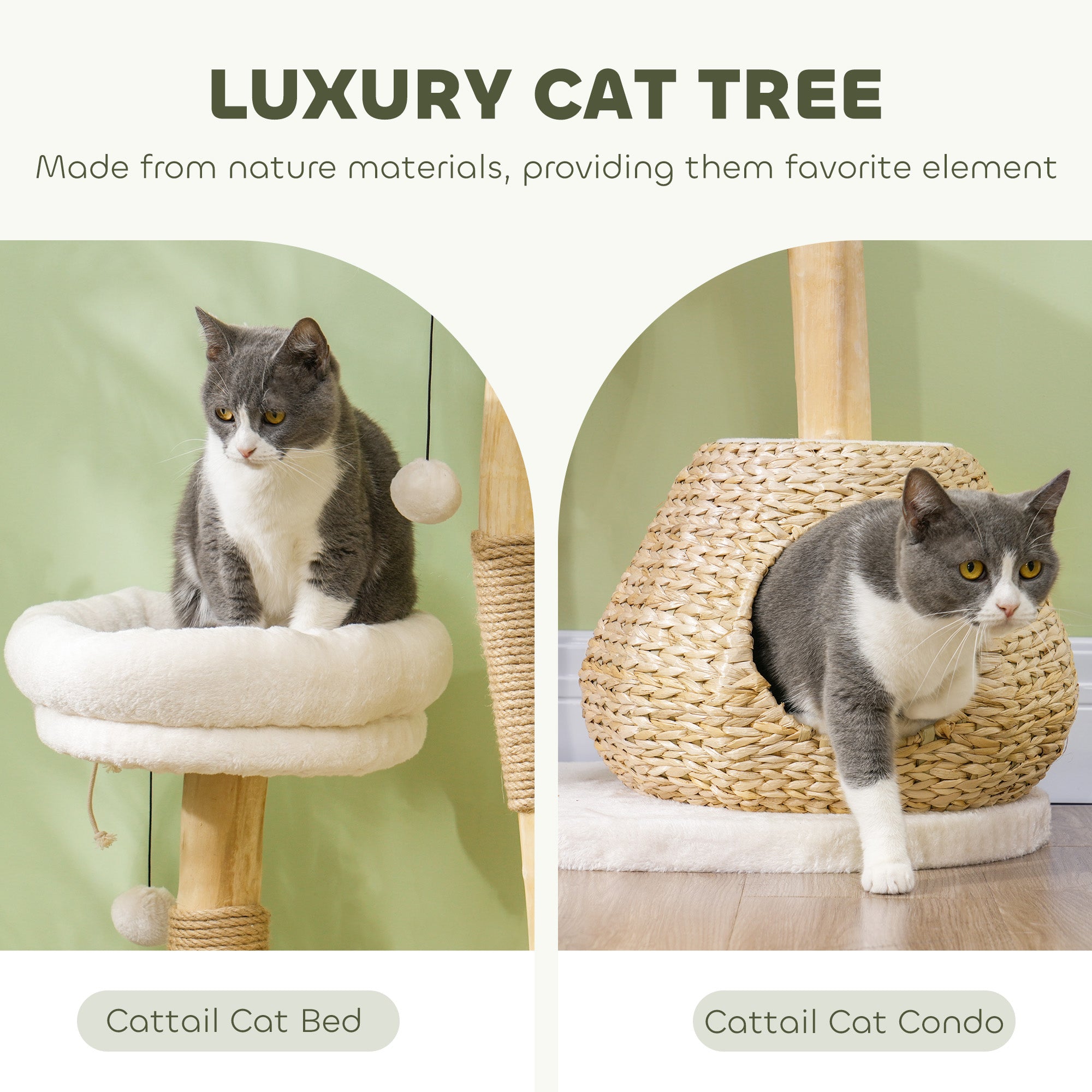 PawHut Cat Tree for Indoor Cats, 41" Wooden Cat Tower with 2 Real Branch Cat Scratching Posts, Luxury Cat Condo, Cat Beds & Toy Balls, Kitten Activity Center & Cat Furniture, Cream White