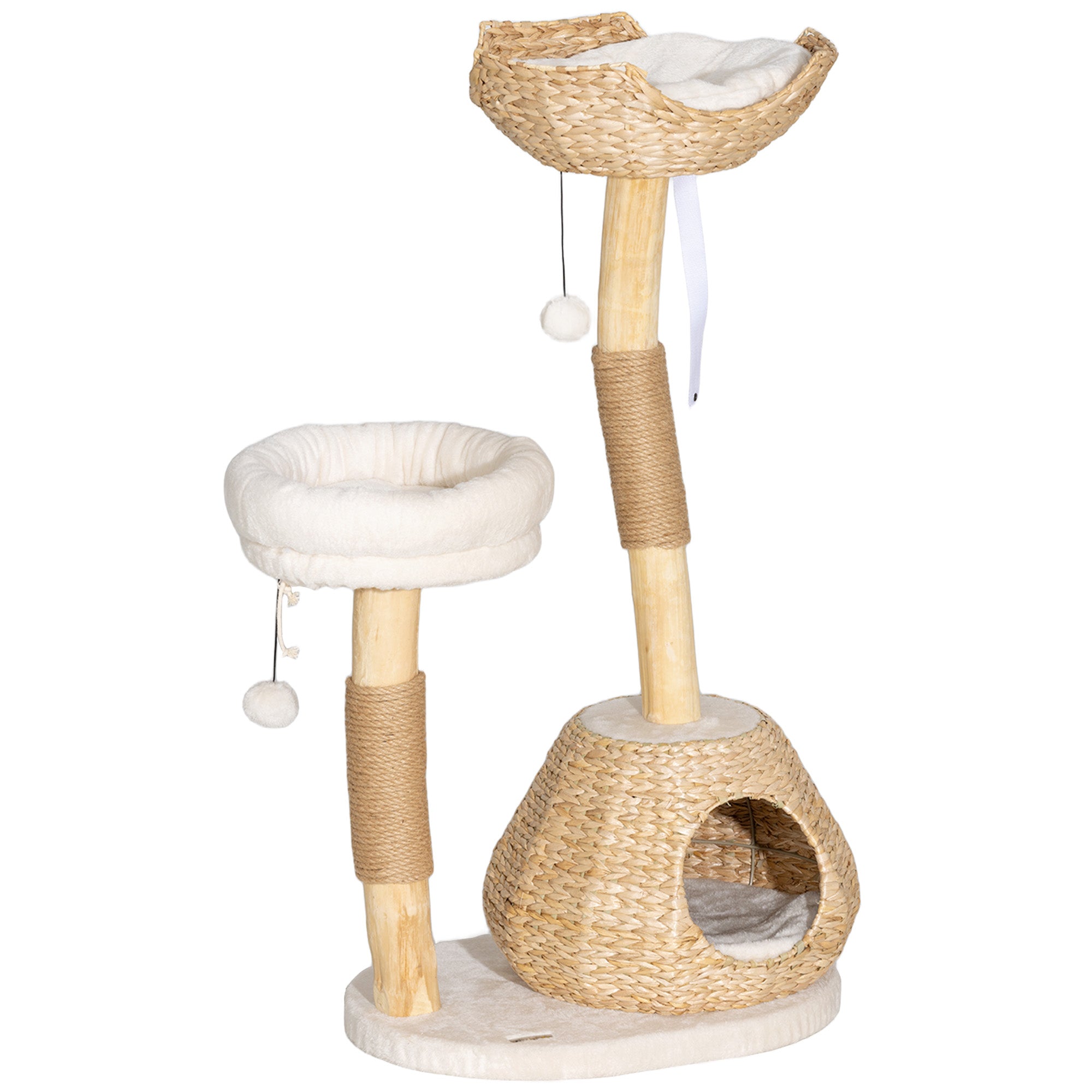 PawHut Cat Tree for Indoor Cats, 41" Wooden Cat Tower with 2 Real Branch Cat Scratching Posts, Luxury Cat Condo, Cat Beds & Toy Balls, Kitten Activity Center & Cat Furniture, Cream White