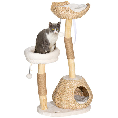PawHut Cat Tree for Indoor Cats, 41" Wooden Cat Tower with 2 Real Branch Cat Scratching Posts, Luxury Cat Condo, Cat Beds & Toy Balls, Kitten Activity Center & Cat Furniture, Cream White