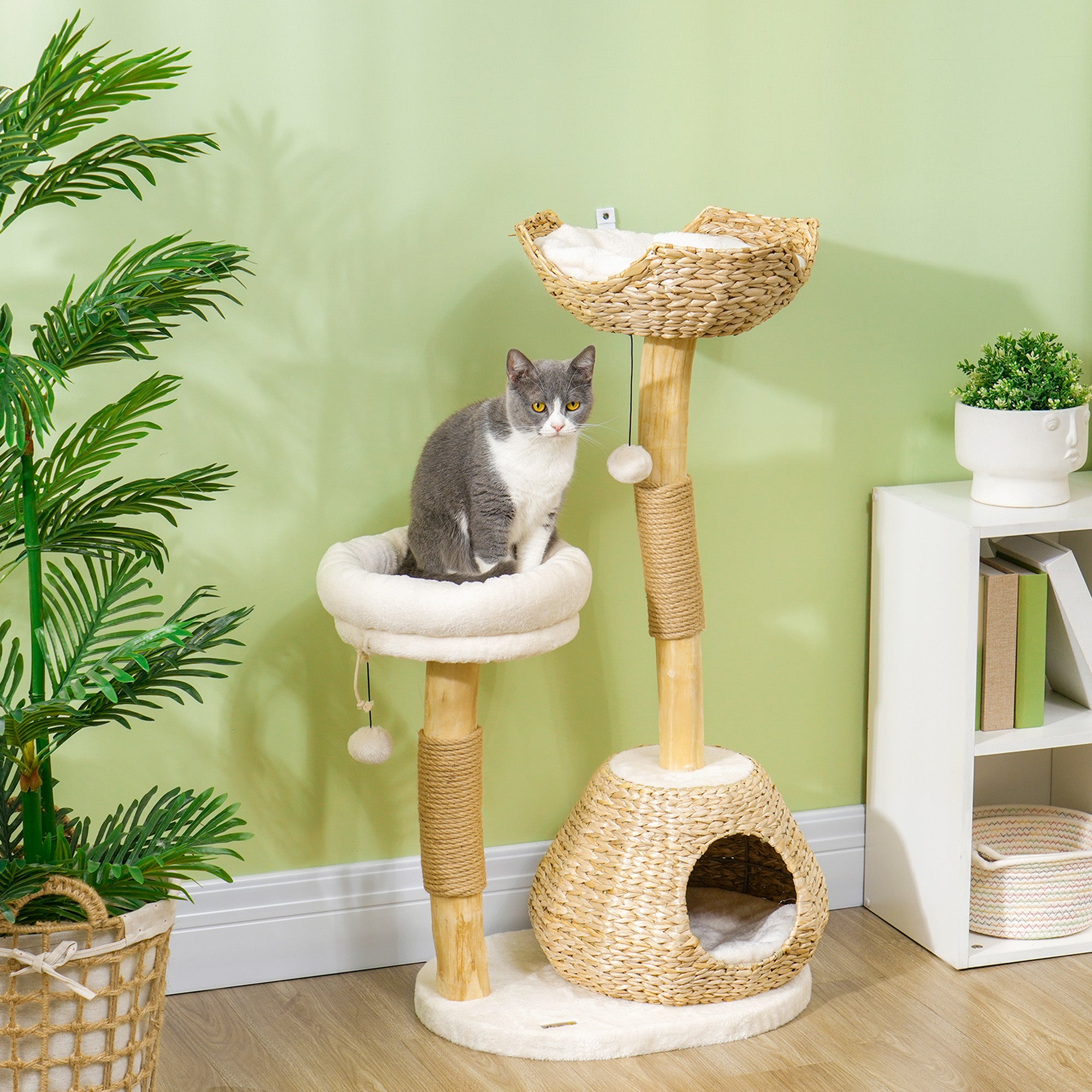PawHut Cat Tree for Indoor Cats, 41" Wooden Cat Tower with 2 Real Branch Cat Scratching Posts, Luxury Cat Condo, Cat Beds & Toy Balls, Kitten Activity Center & Cat Furniture, Cream White