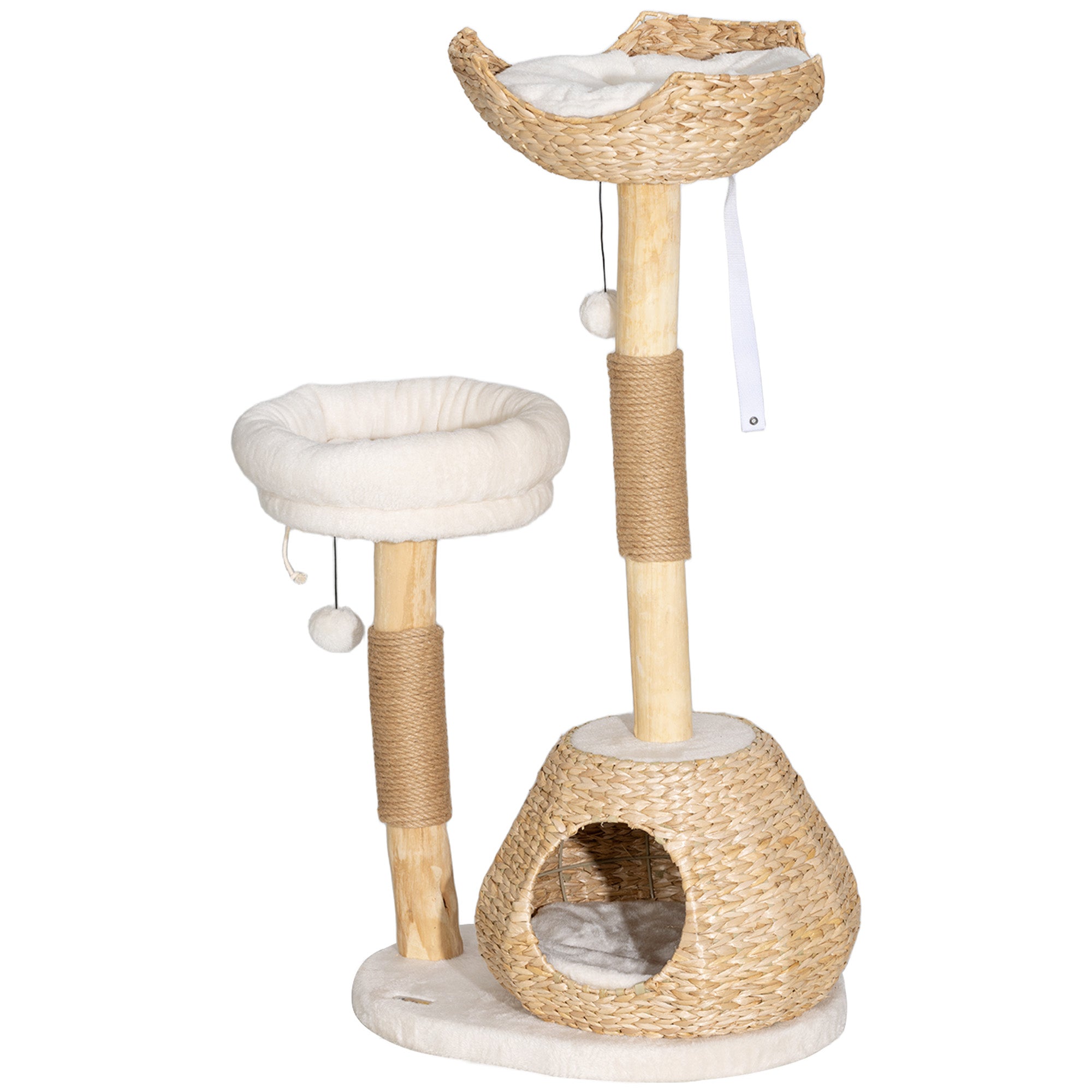 PawHut Cat Tree for Indoor Cats, 41" Wooden Cat Tower with 2 Real Branch Cat Scratching Posts, Luxury Cat Condo, Cat Beds & Toy Balls, Kitten Activity Center & Cat Furniture, Cream White