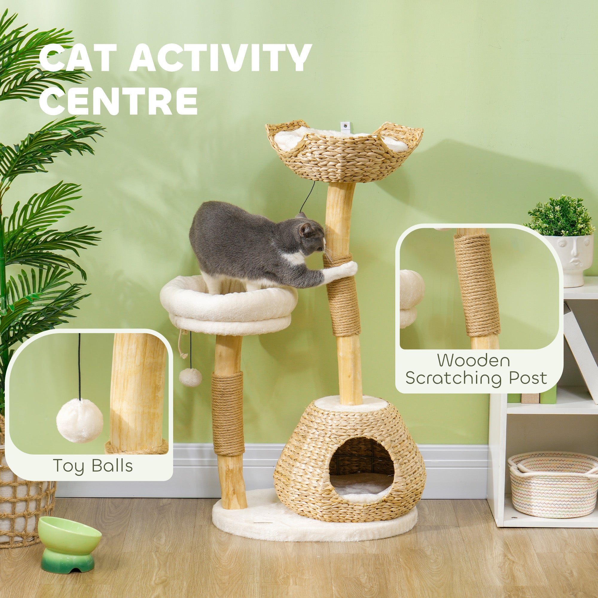 PawHut Cat Tree for Indoor Cats, 41" Wooden Cat Tower with 2 Real Branch Cat Scratching Posts, Luxury Cat Condo, Cat Beds & Toy Balls, Kitten Activity Center & Cat Furniture, Cream White
