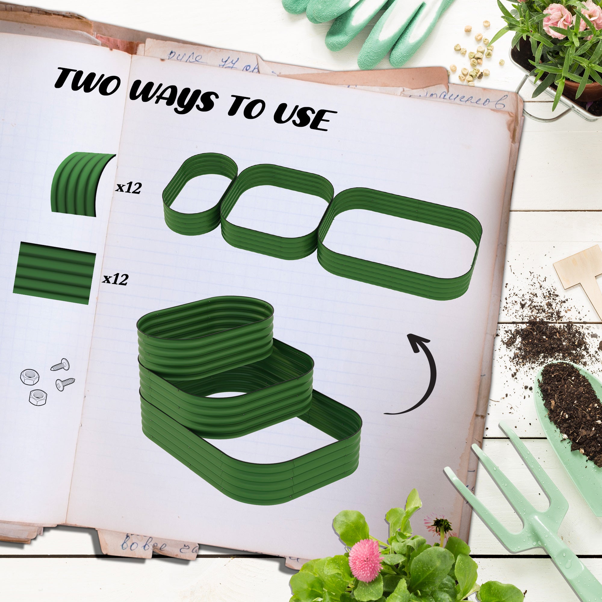 Outsunny 3-Tier Raised Garden Bed Kit, 5.2x3.6x2.7ft Outdoor Galvanized Planter Box with Safety Edging for Vegetables, Flowers, Fruits and Herbs, Dark Green