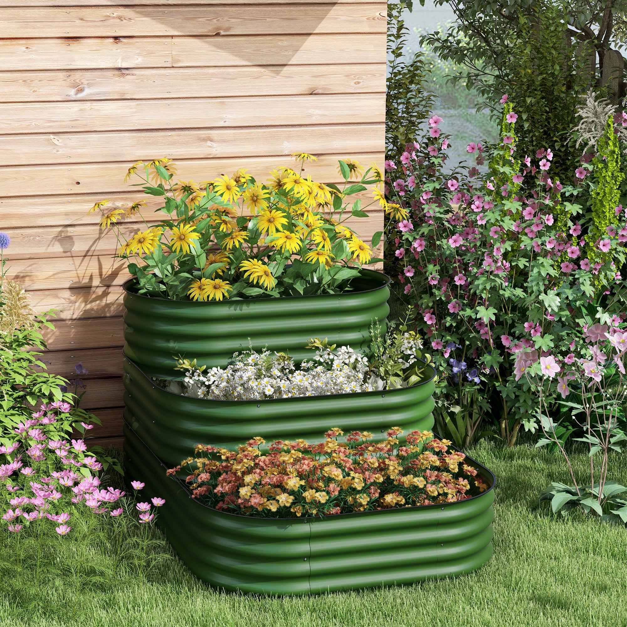 Outsunny 3-Tier Raised Garden Bed Kit, 5.2x3.6x2.7ft Outdoor Galvanized Planter Box with Safety Edging for Vegetables, Flowers, Fruits and Herbs, Dark Green