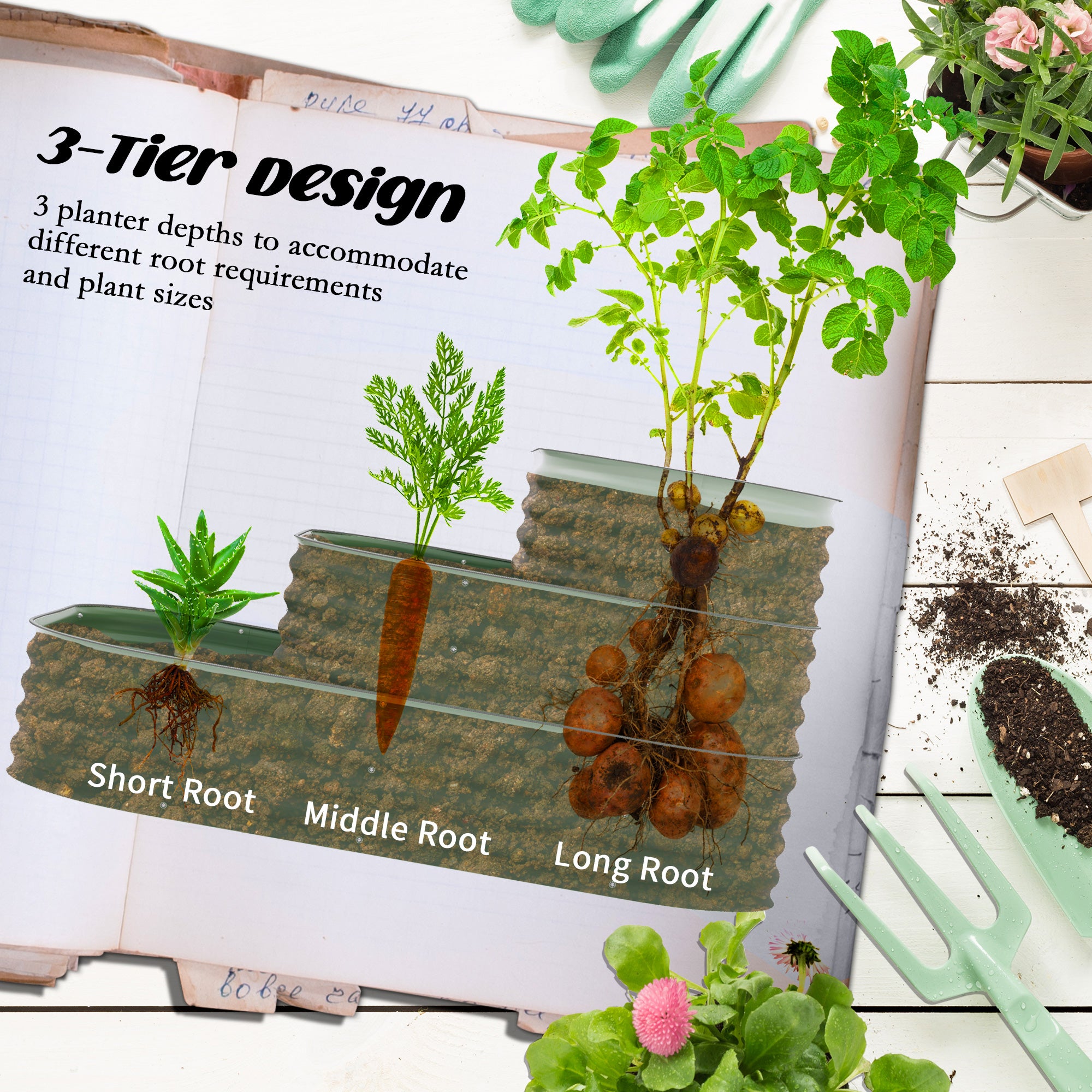 Outsunny 3-Tier Raised Garden Bed Kit, 5.2x3.6x2.7ft Outdoor Galvanized Planter Box with Safety Edging for Vegetables, Flowers, Fruits and Herbs, Dark Green