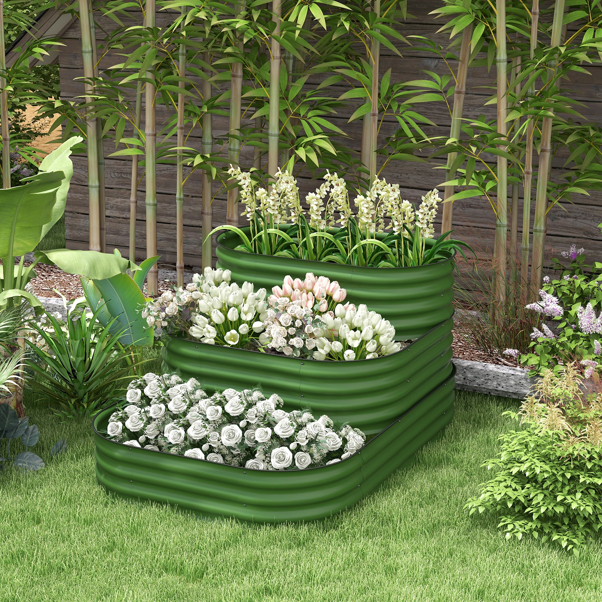 Outsunny 3-Tier Raised Garden Bed Kit, 5.2x3.6x2.7ft Outdoor Galvanized Planter Box with Safety Edging for Vegetables, Flowers, Fruits and Herbs, Dark Green