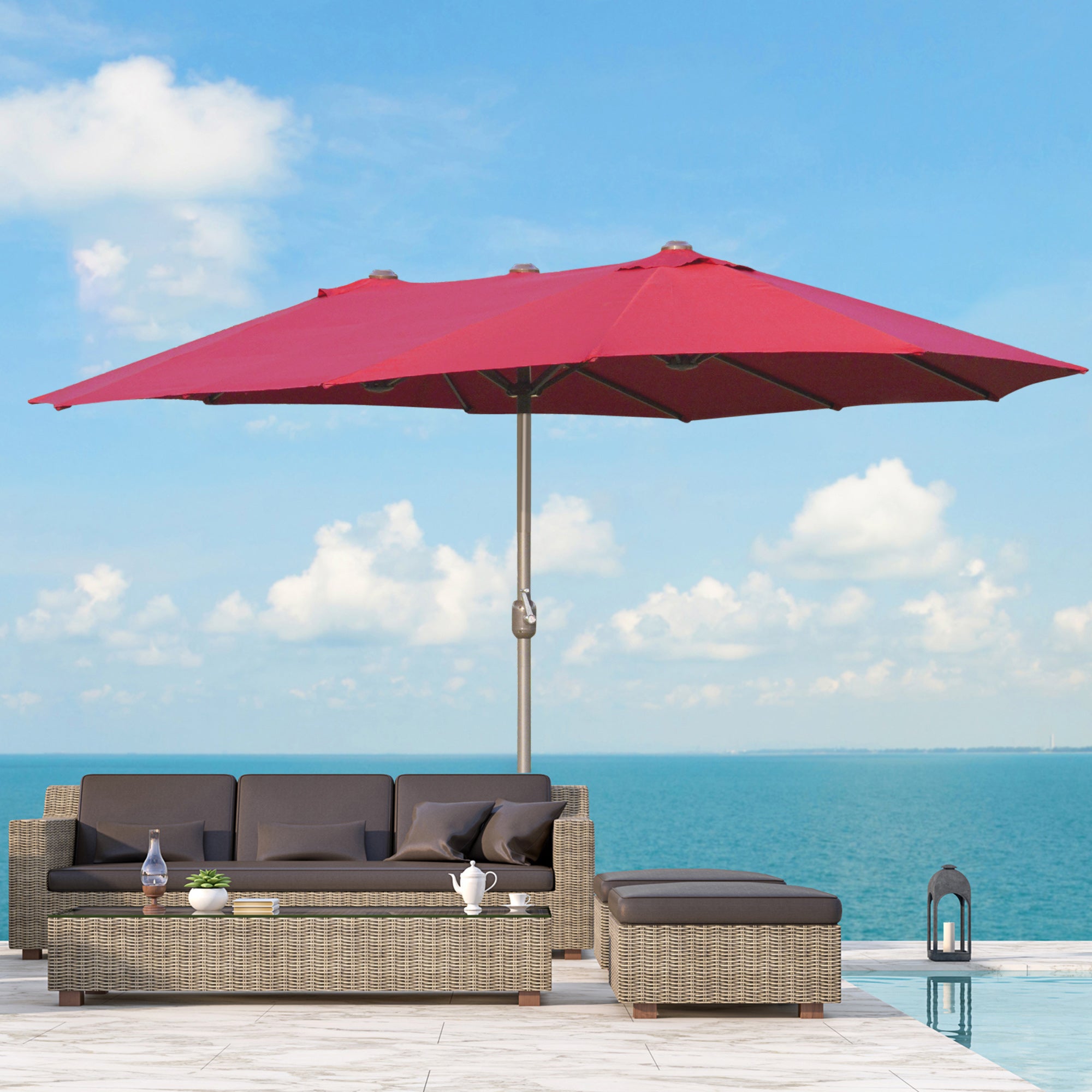 Outsunny 15' Outdoor Patio Umbrella with Twin Canopy Sunshade Steel Table Umbrella with Lift Crank, Cross base, Sandbag, Wine Red