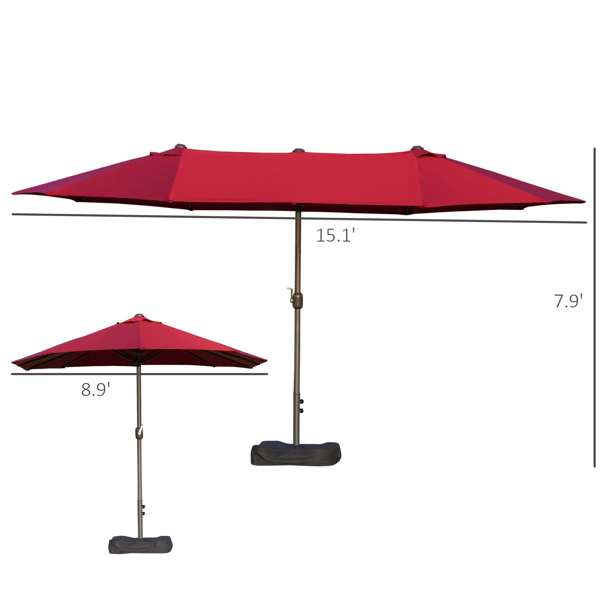 Outsunny 15' Outdoor Patio Umbrella with Twin Canopy Sunshade Steel Table Umbrella with Lift Crank, Cross base, Sandbag, Wine Red