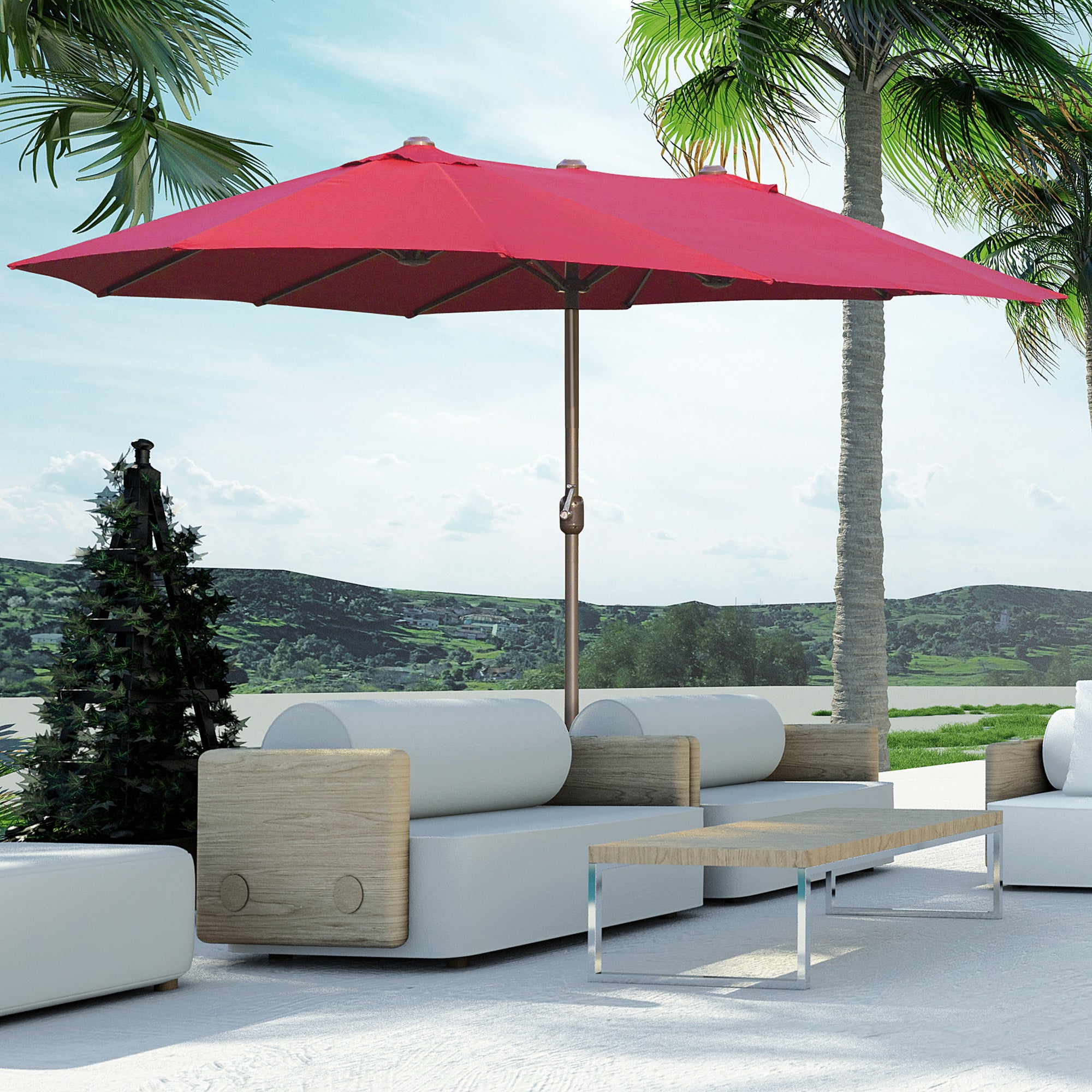 Outsunny 15' Outdoor Patio Umbrella with Twin Canopy Sunshade Steel Table Umbrella with Lift Crank, Cross base, Sandbag, Wine Red