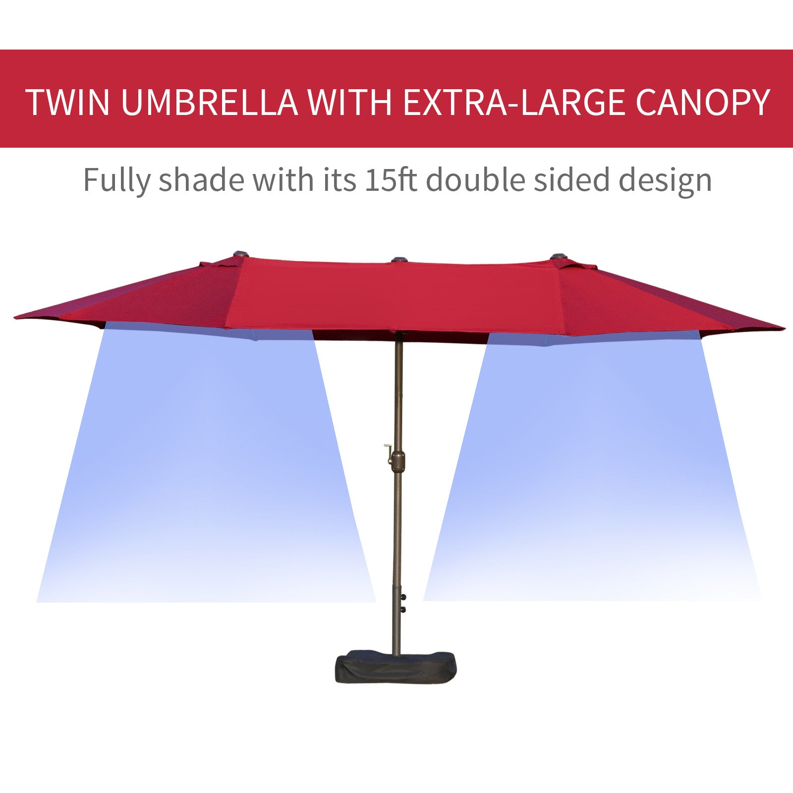 Outsunny 15' Outdoor Patio Umbrella with Twin Canopy Sunshade Steel Table Umbrella with Lift Crank, Cross base, Sandbag, Wine Red