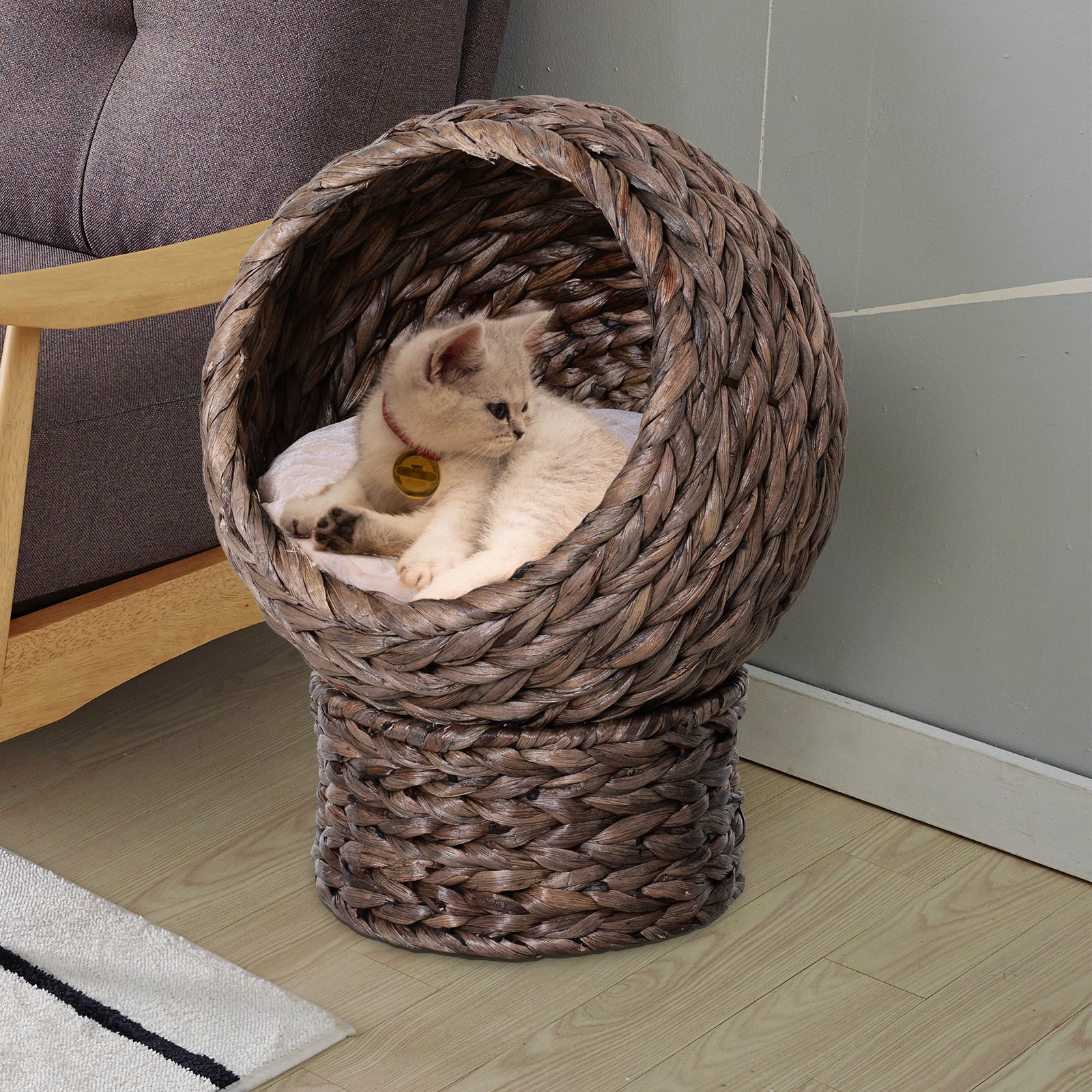 PawHut Wicker Cat House, Raised Cat Bed with Cylindrical Base, Soft Washable Cushion, Woven Water Hyacinth Cat Basket for Indoor and Outdoor, 42 x 33 x 52 cm - Dark Brown