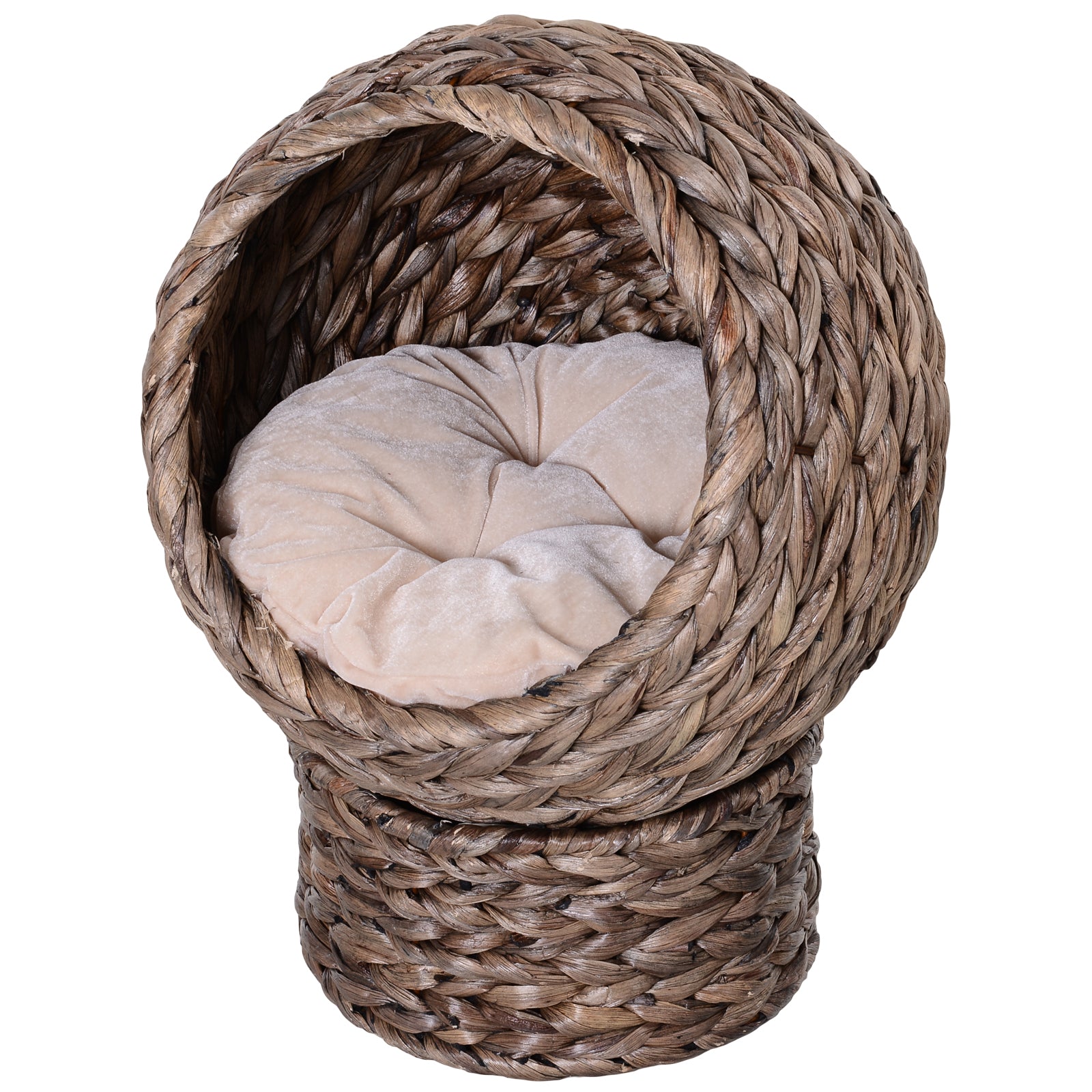 PawHut Wicker Cat House, Raised Cat Bed with Cylindrical Base, Soft Washable Cushion, Woven Water Hyacinth Cat Basket for Indoor and Outdoor, 42 x 33 x 52 cm - Dark Brown